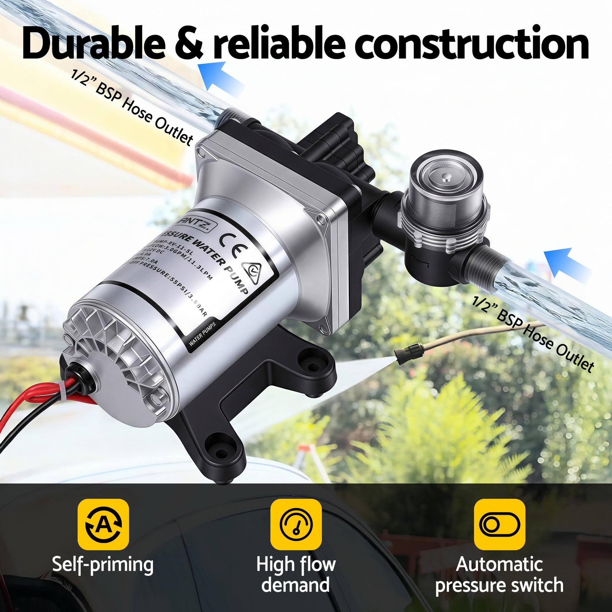 12V DC Water Pump, 11.3LPM 55PSI 3 GPM Self-Priming RV Water Pressure Pump with Automatic Pressure Switch, for RV Marine Camping Yacht Garden Fresh Water Diaphragm, 2088-554-144 Replacement