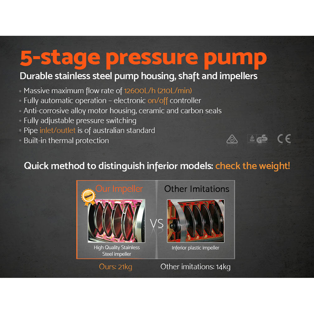 Giantz Garden Water Pump High Pressure 1800W 5-Stage Tank Irrigation Yellow