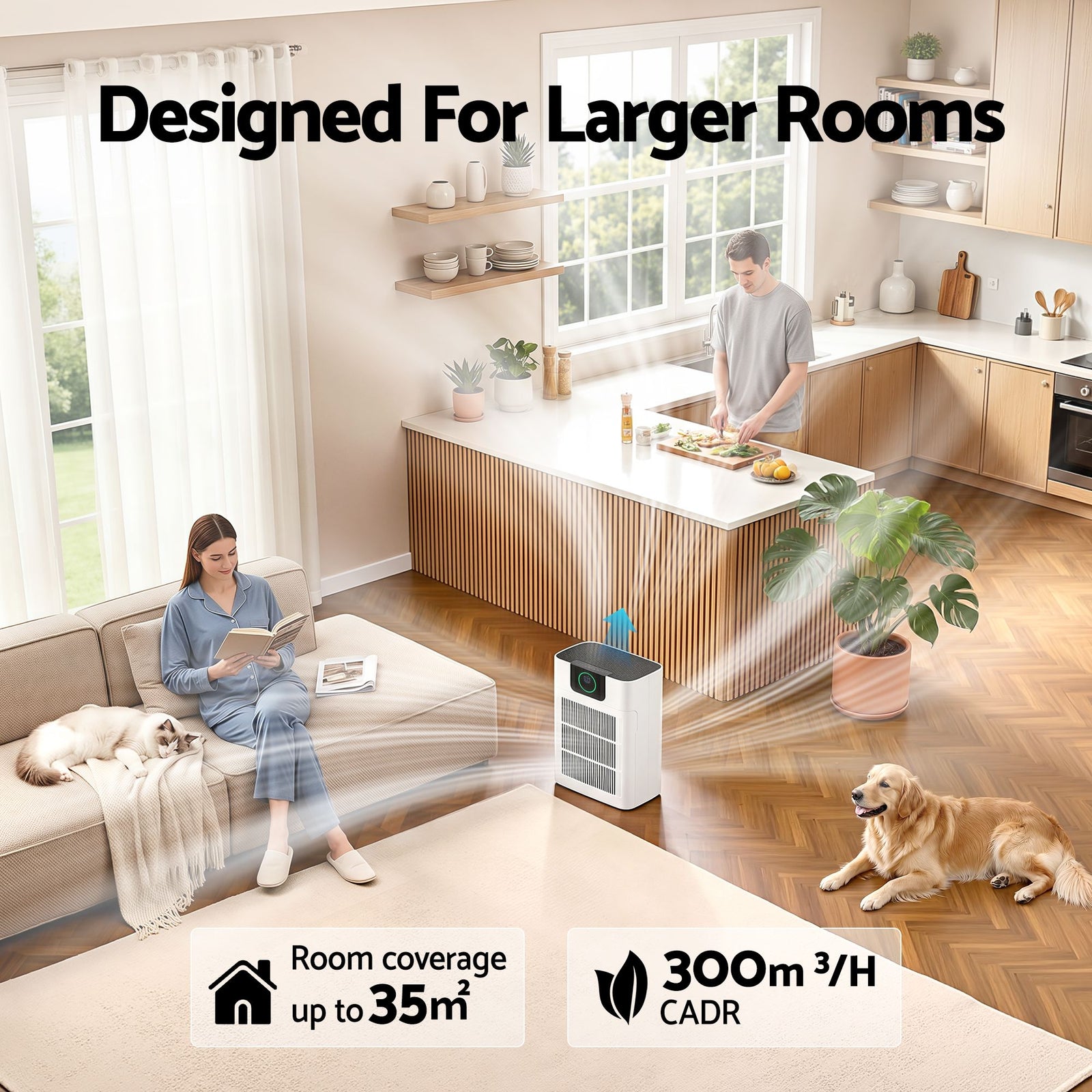 Pet Air Purifier H12 HEPA – 300m³/h PM2.5 Display with Spare Filter