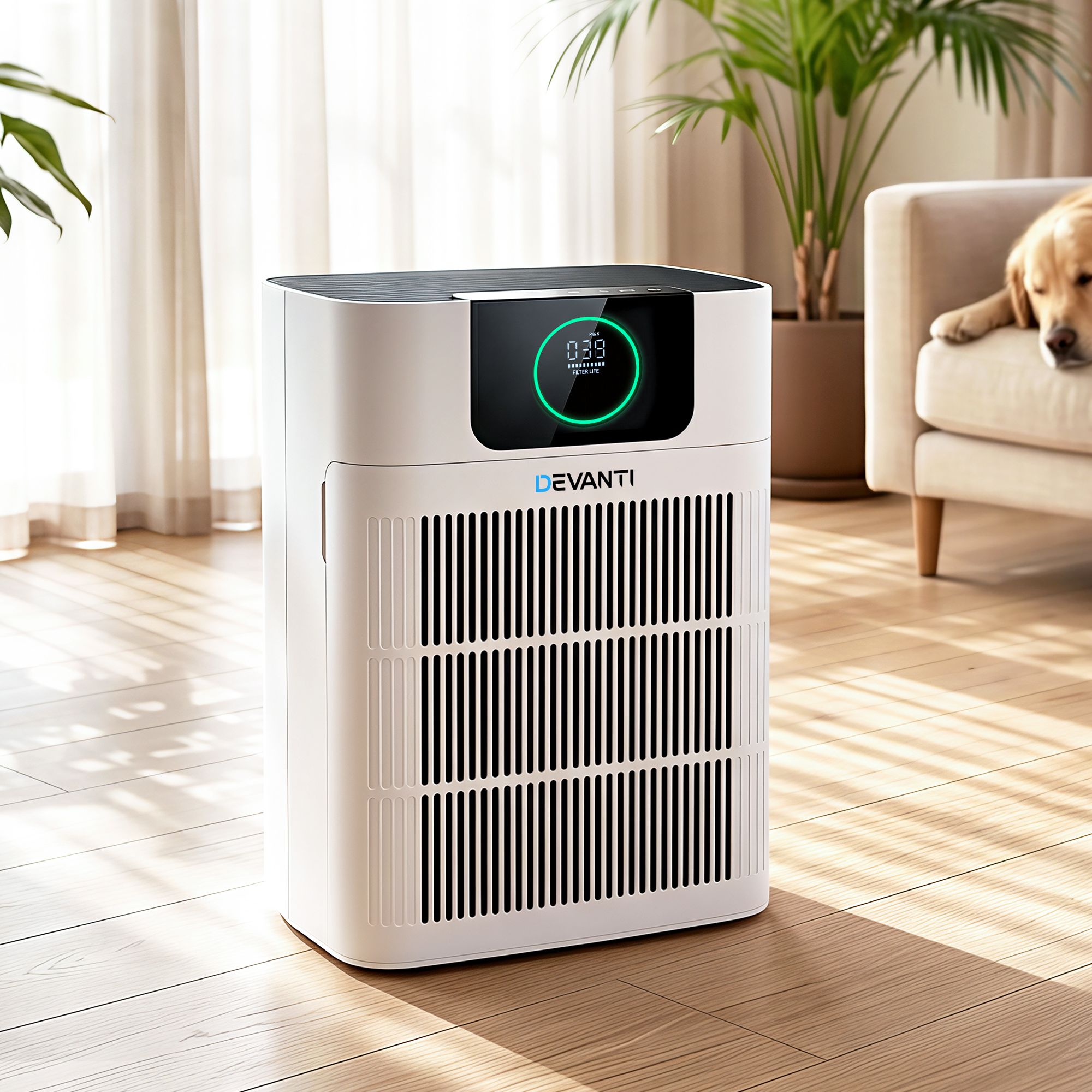 Pet Air Purifier HEPA – 300m³/h PM2.5 Display Double‑Intake White