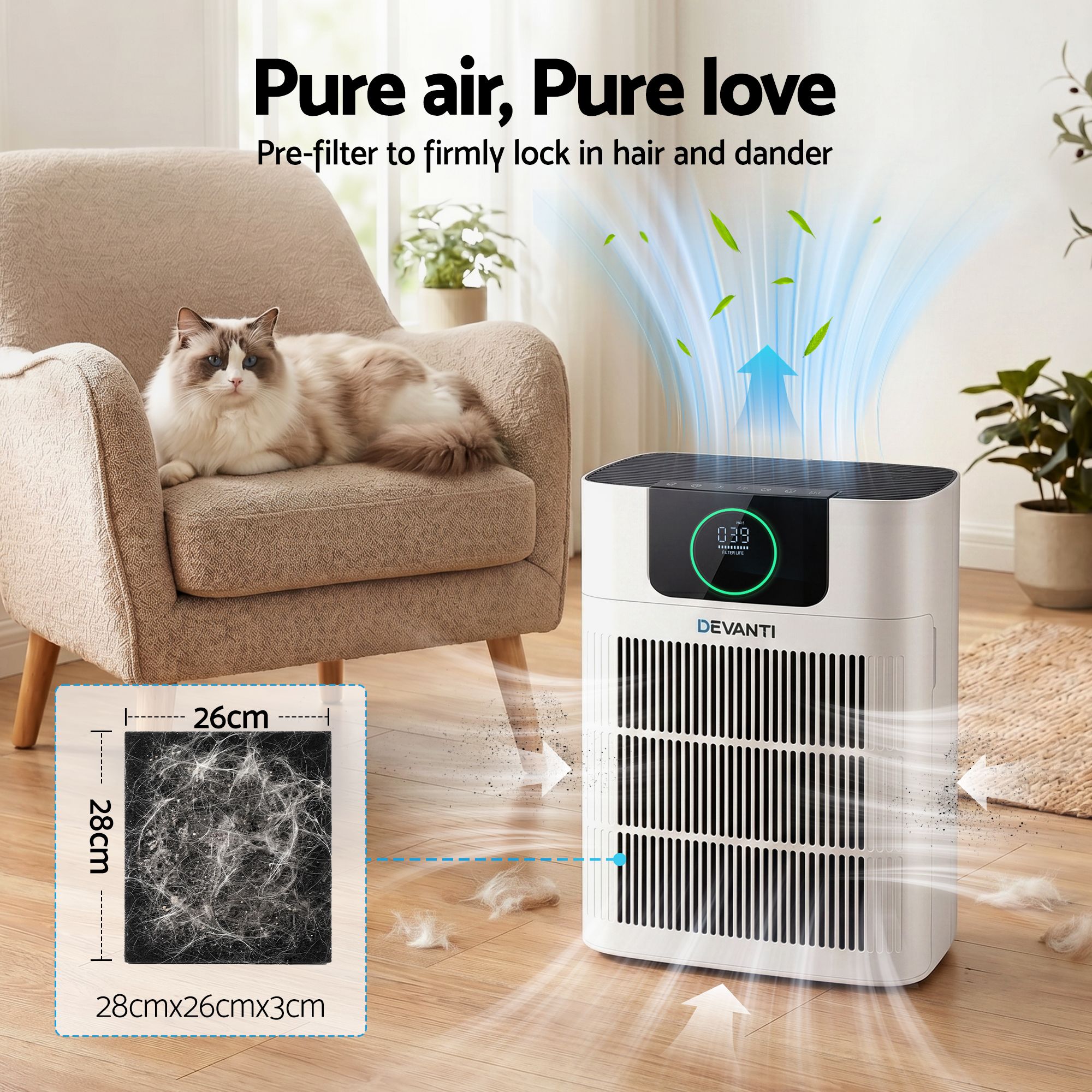 Pet Air Purifier HEPA – 300m³/h PM2.5 Display Double‑Intake White