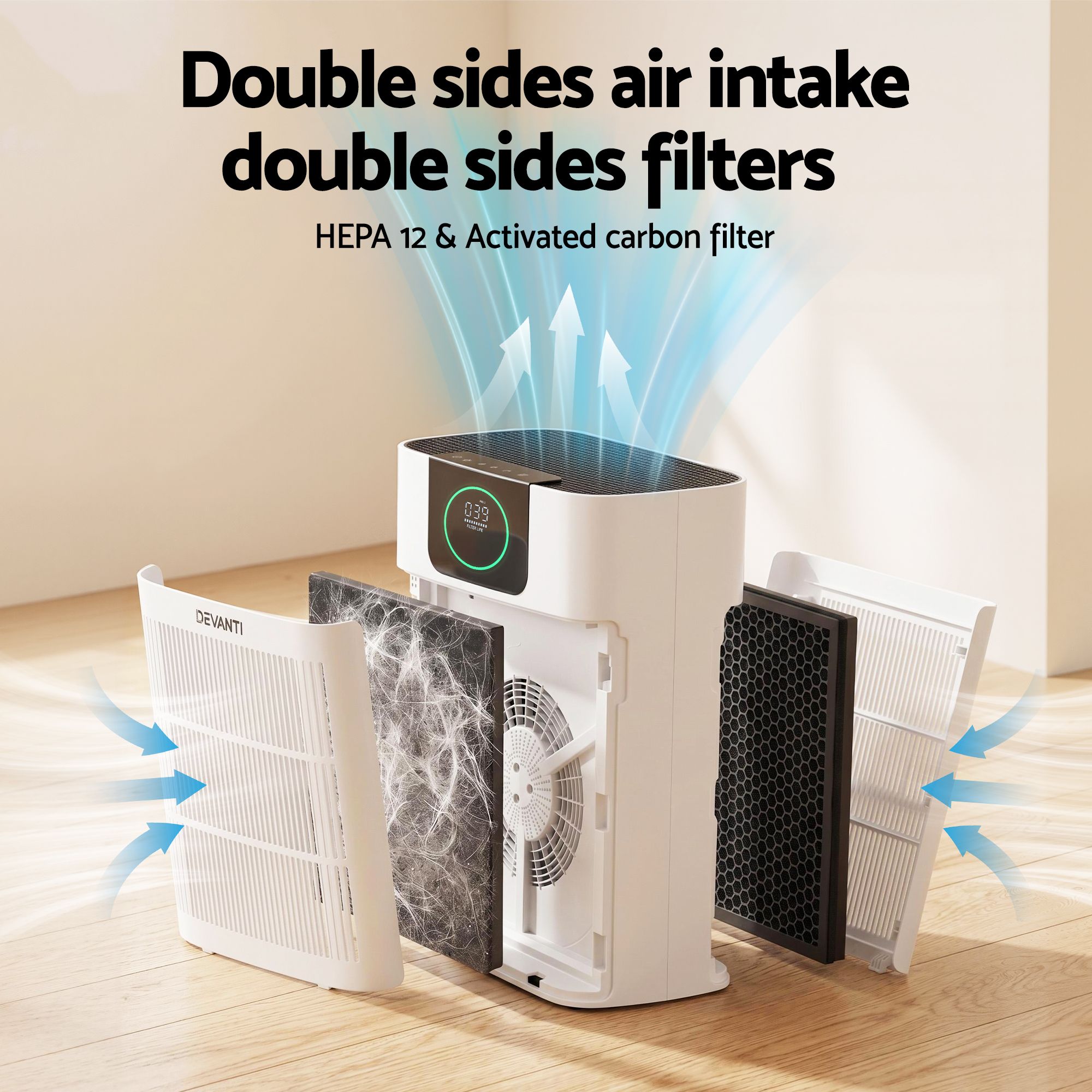 Pet Air Purifier HEPA – 300m³/h PM2.5 Display Double‑Intake White