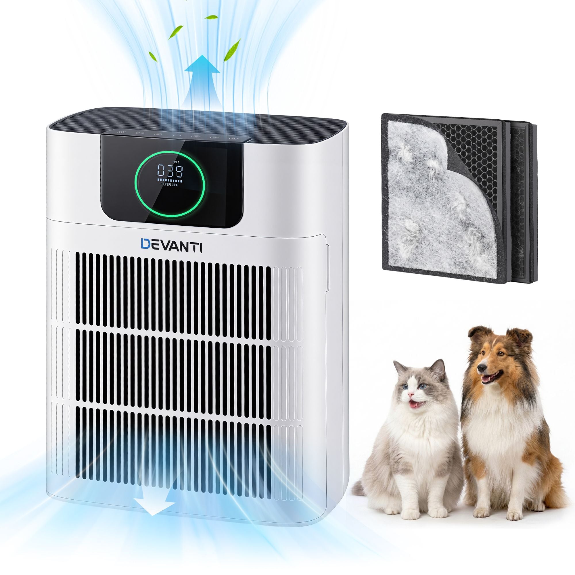 Pet Air Purifier HEPA – 300m³/h PM2.5 Display Double‑Intake White