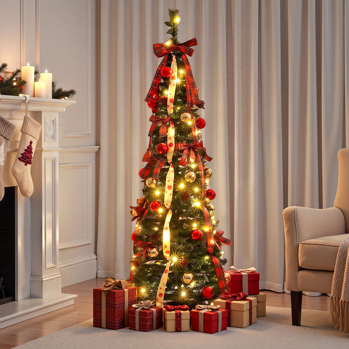 Jingle Jollys 160cm Pre Lit Pop Up Christmas Tree Decorated 80 Warm White LED
