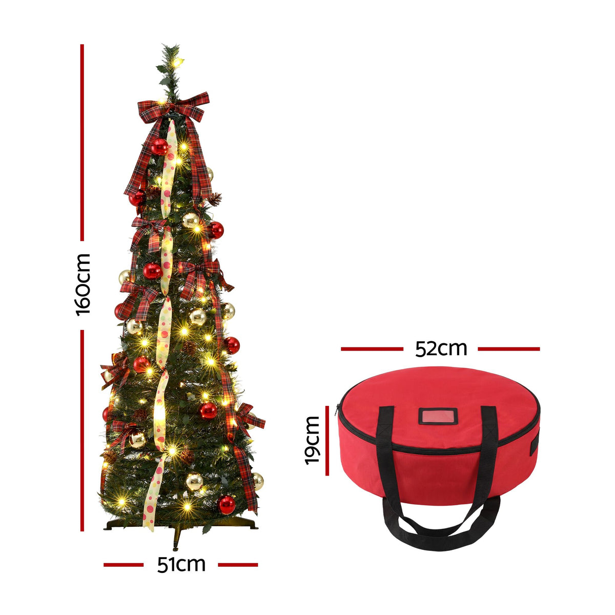 Jingle Jollys 160cm Pre Lit Pop Up Christmas Tree Decorated 80 Warm White LED