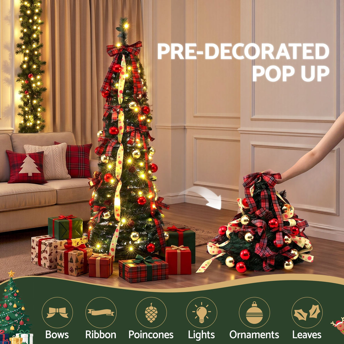 Jingle Jollys 160cm Pre Lit Pop Up Christmas Tree Decorated 80 Warm White LED