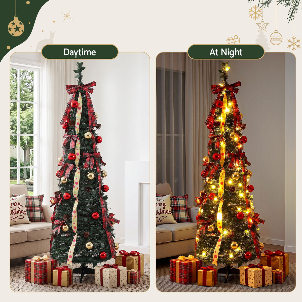 Jingle Jollys 160cm Pre Lit Pop Up Christmas Tree Decorated 80 Warm White LED