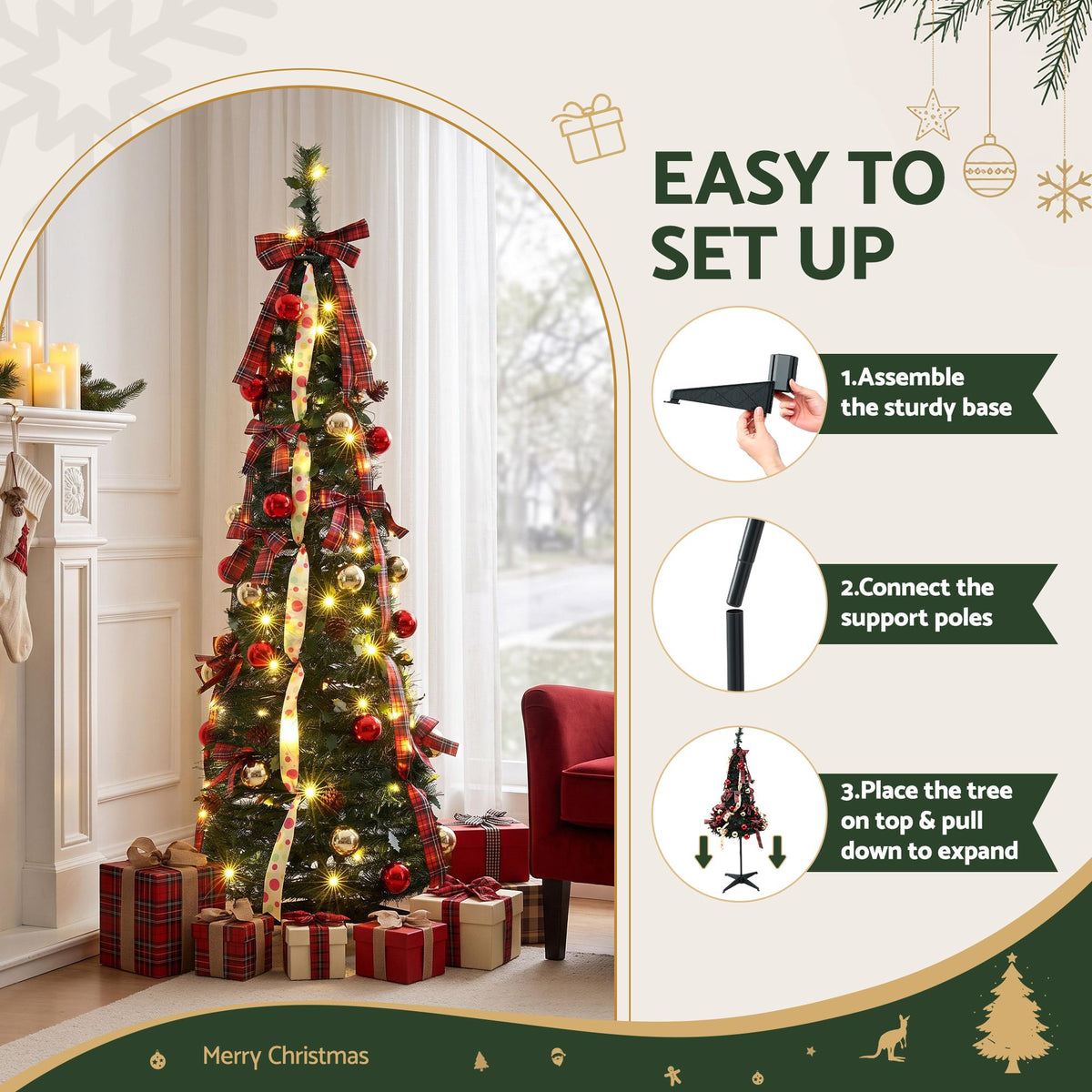 Jingle Jollys 160cm Pre Lit Pop Up Christmas Tree Decorated 80 Warm White LED