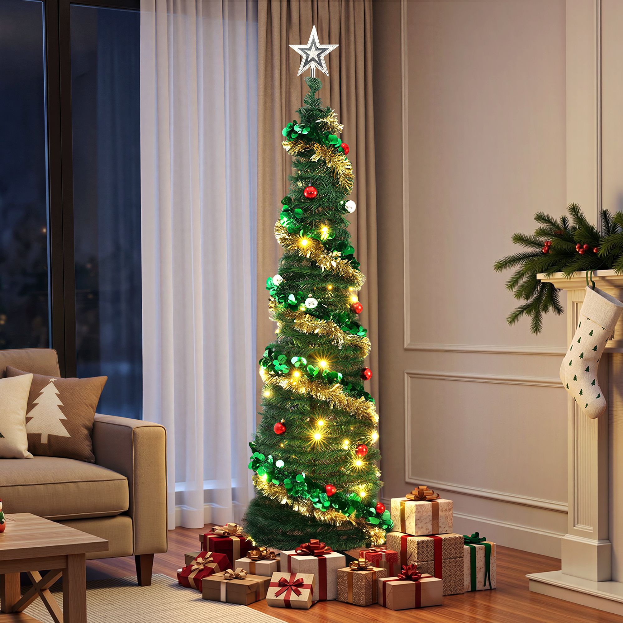 Pop Up Christmas Tree Pre Decorated Warm White LED 160cm