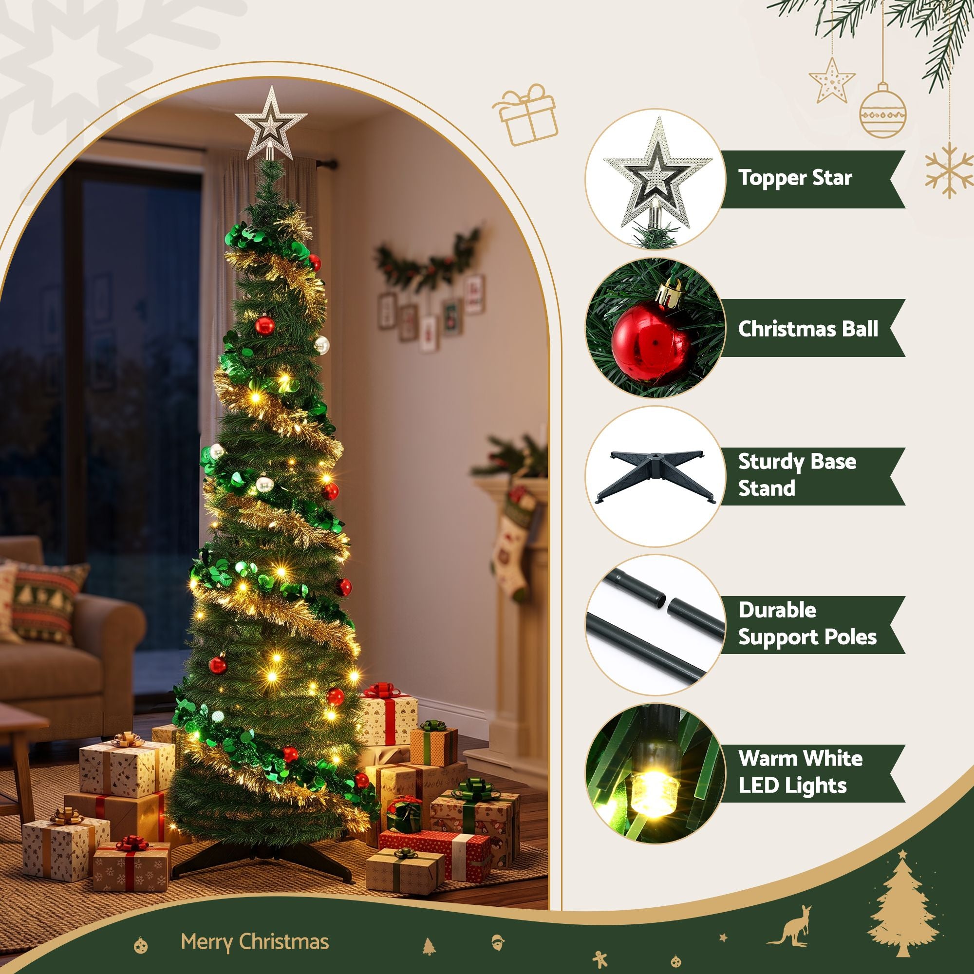 Pop Up Christmas Tree Pre Decorated Warm White LED 160cm