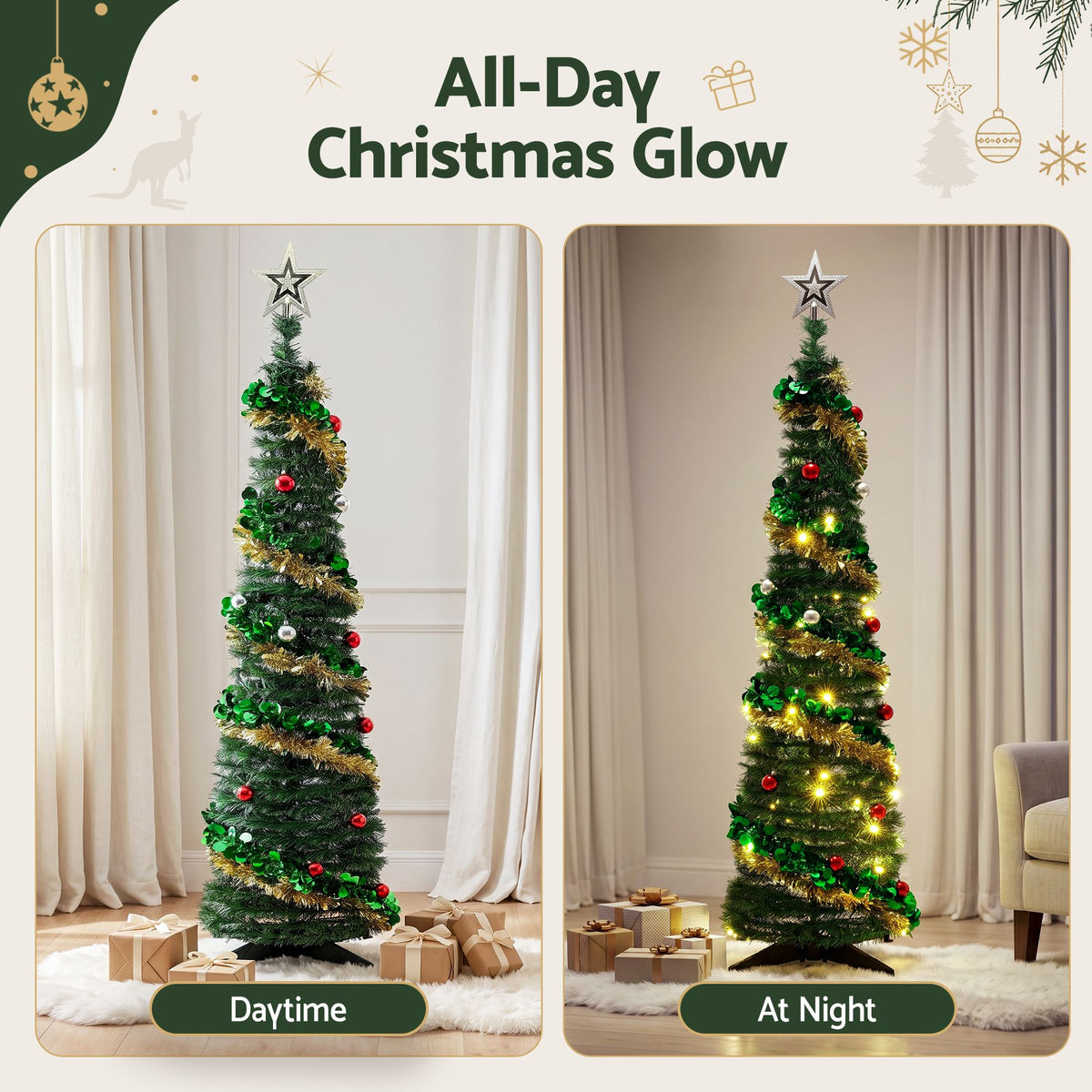160cm Pop-Up Pre-Decorated Christmas Tree with LED Lights