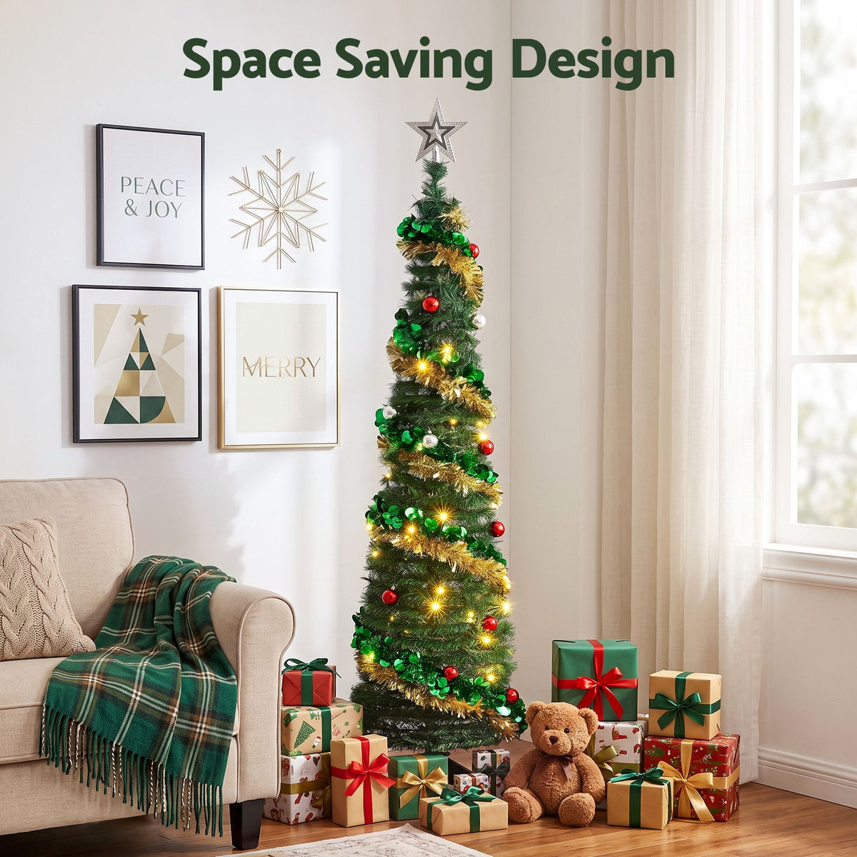 160cm Pop-Up Pre-Decorated Christmas Tree with LED Lights