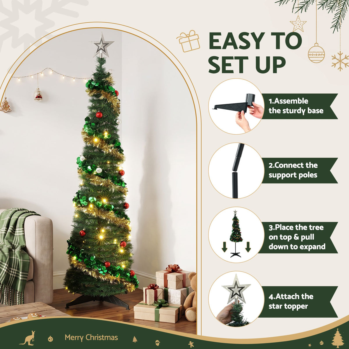 160cm Pop-Up Pre-Decorated Christmas Tree with LED Lights