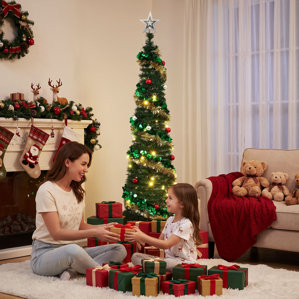 160cm Pop-Up Pre-Decorated Christmas Tree with LED Lights
