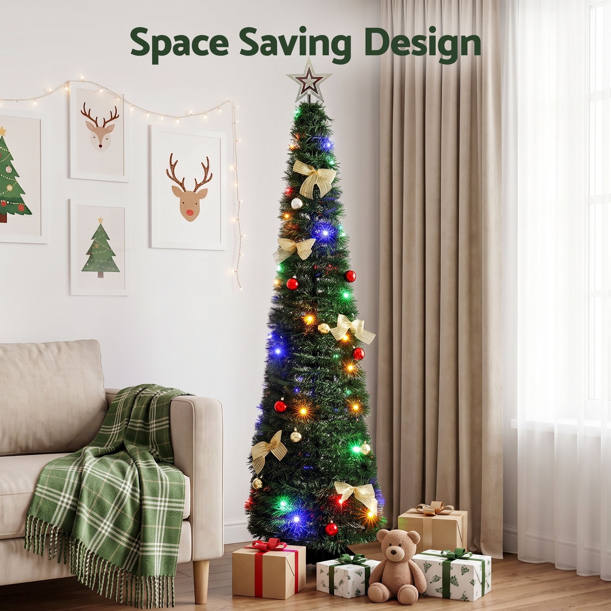 Pop Up Christmas Tree Pre Decorated Multicolour LED 155cm