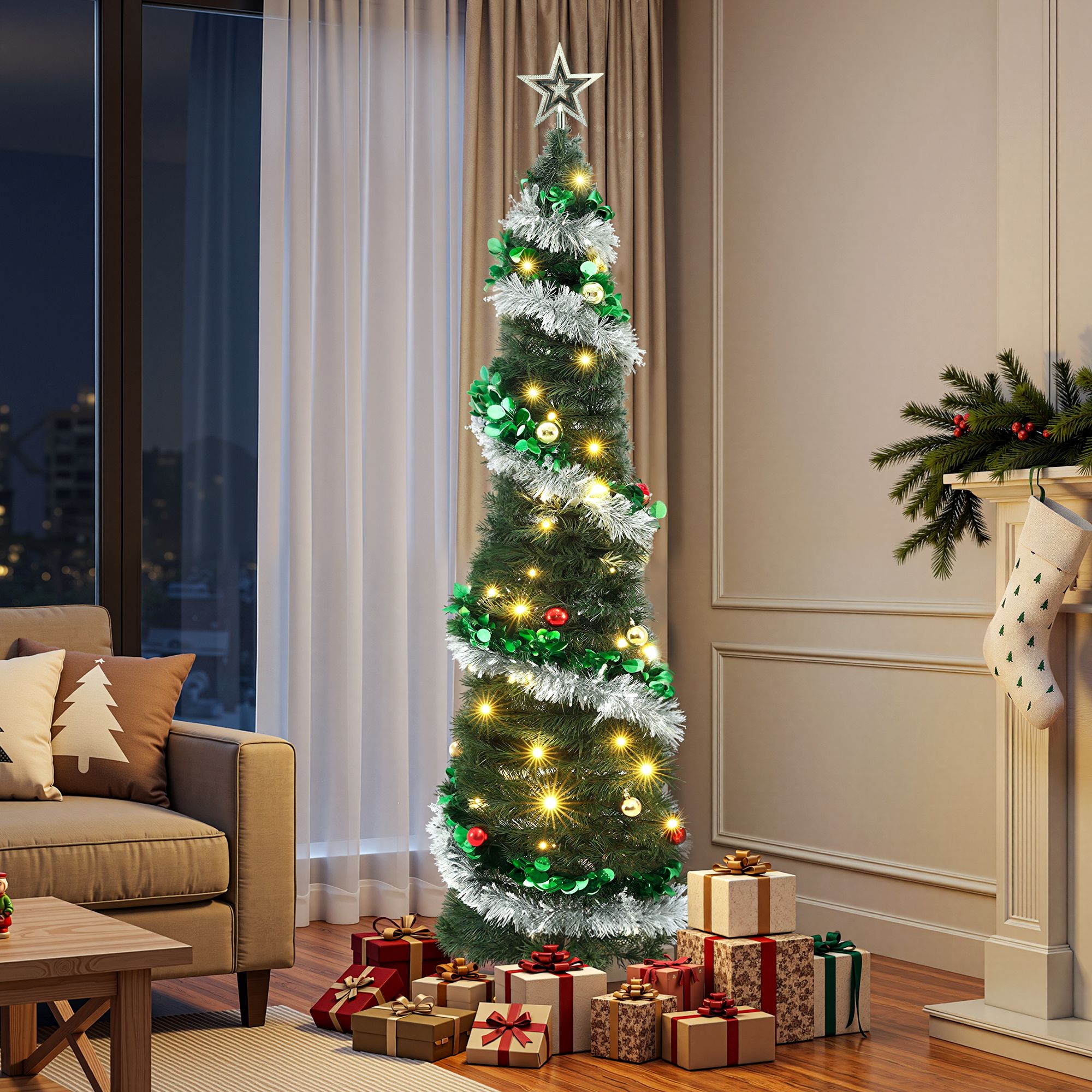 Pop Up Christmas Tree Pre Decorated Warm White LED 155cm