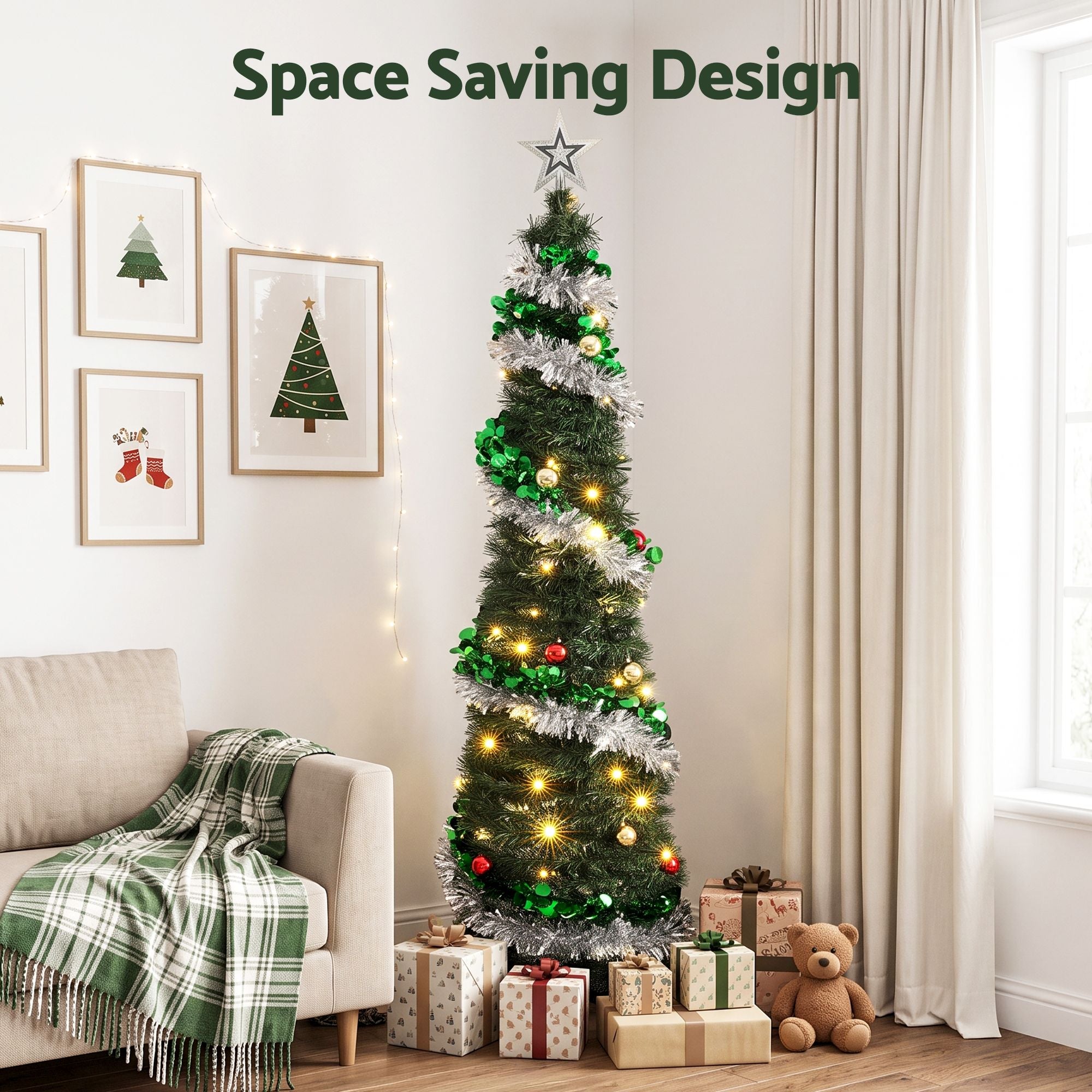Pop Up Christmas Tree Pre Decorated Warm White LED 155cm