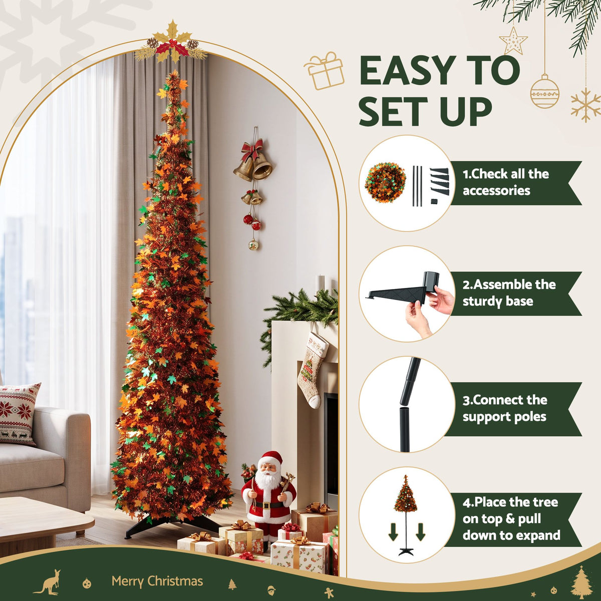 Jingle Jollys 160cm Pop Up Christmas Tree Artificial Golden Maple Leaf Design
