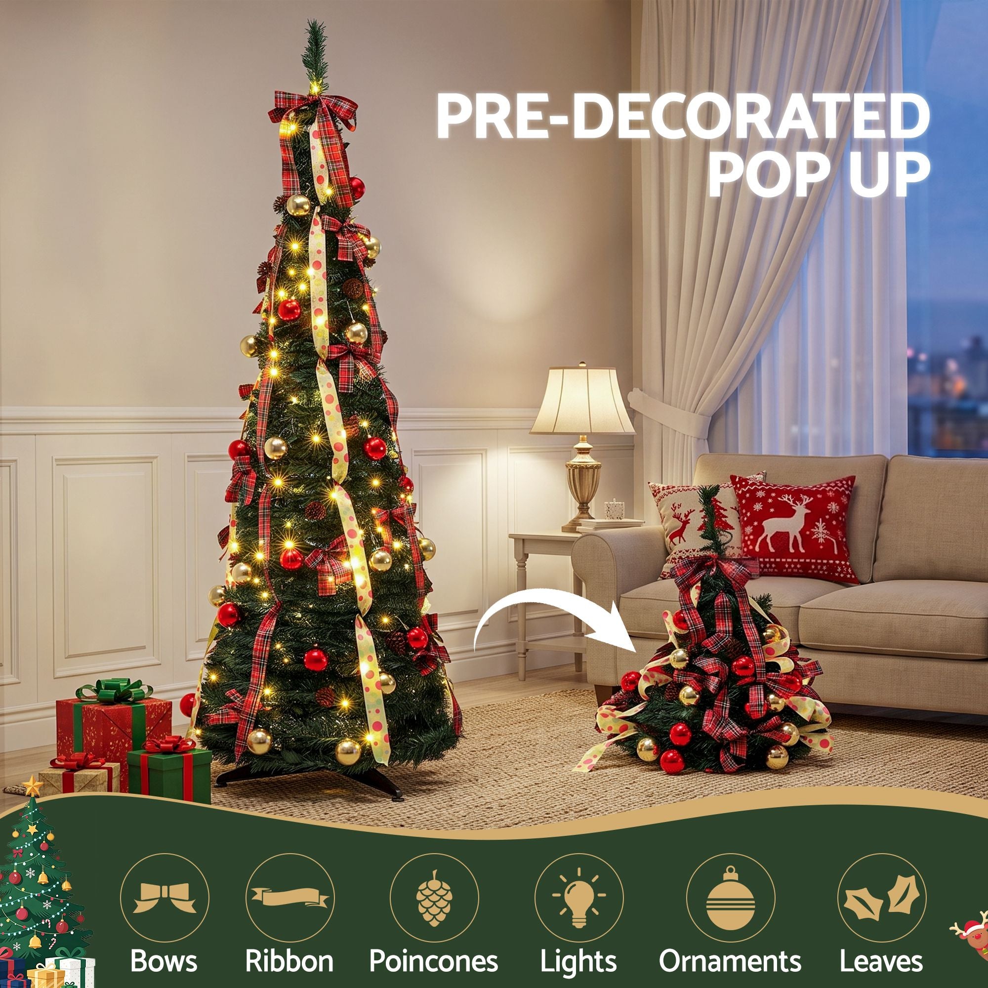 Pop Up Christmas Tree Pre Decorated Artificial Christmas Tree 197cm