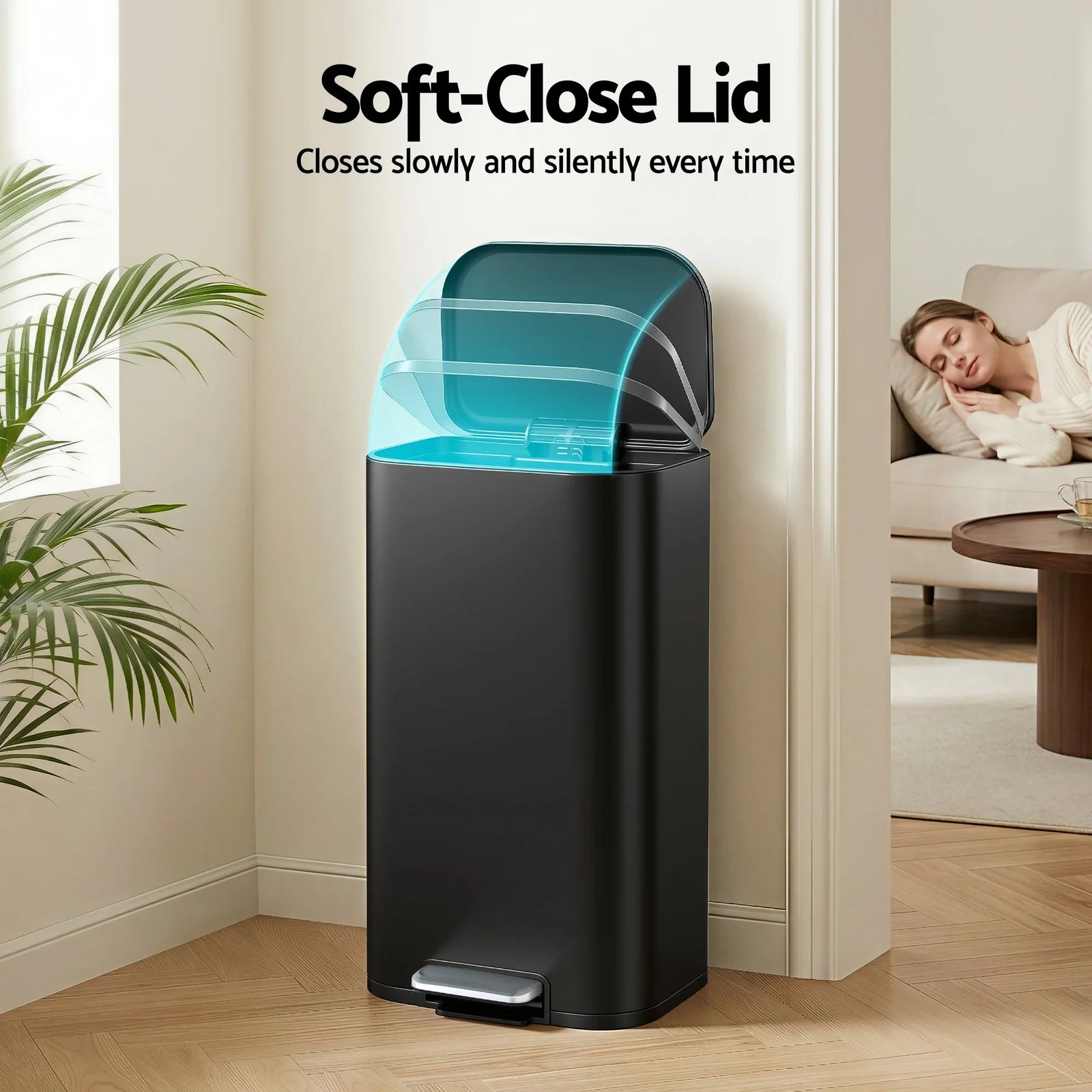 Kitchen Trash Can 40L Pedal Bins Rubbish Bin Steel with Soft Close Lid, Removable Inner Bucket, Rectangular Garbage Can Recycling Bin, Black
