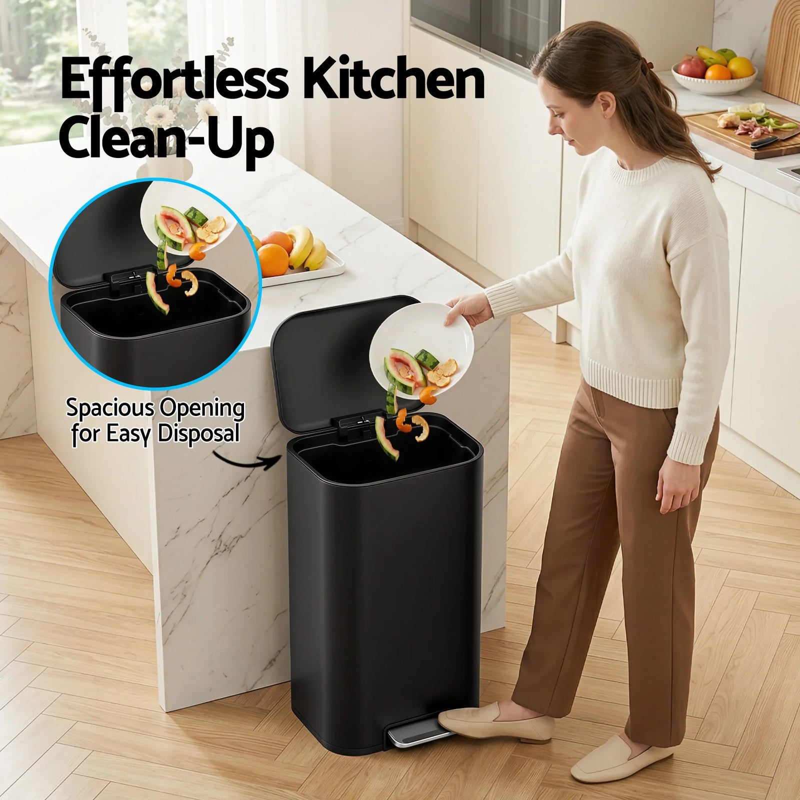 Kitchen Trash Can 40L Pedal Bins Rubbish Bin Steel with Soft Close Lid, Removable Inner Bucket, Rectangular Garbage Can Recycling Bin, Black