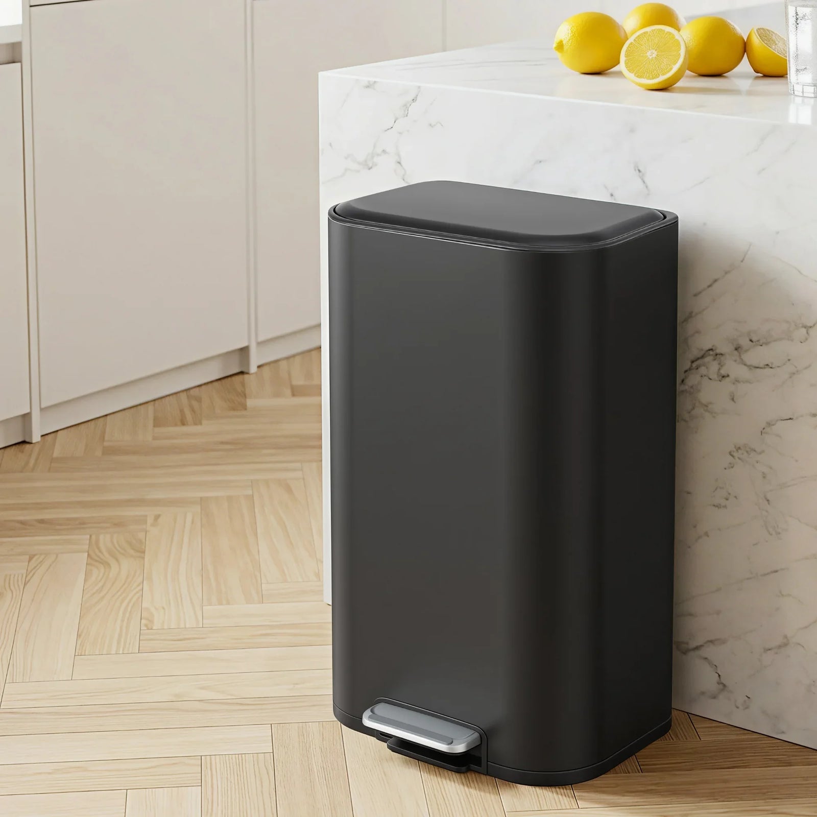 Kitchen Trash Can 40L Pedal Bins Rubbish Bin Steel with Soft Close Lid, Removable Inner Bucket, Rectangular Garbage Can Recycling Bin, Black