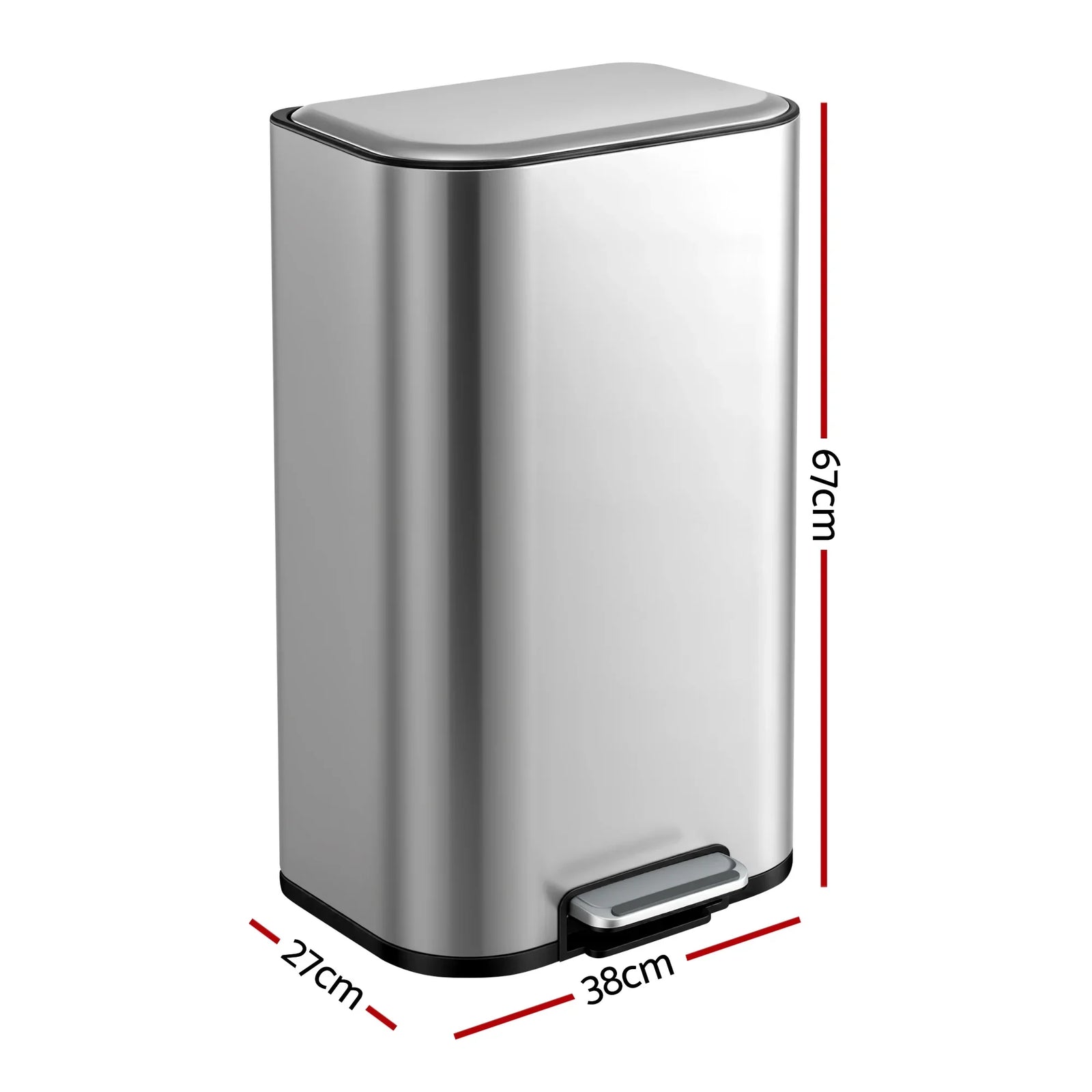Kitchen Trash Can 40L Pedal Bins Rubbish Bin Steel with Soft Close Lid, Removable Inner Bucket, Rectangular Garbage Can Recycling Bin, Silver