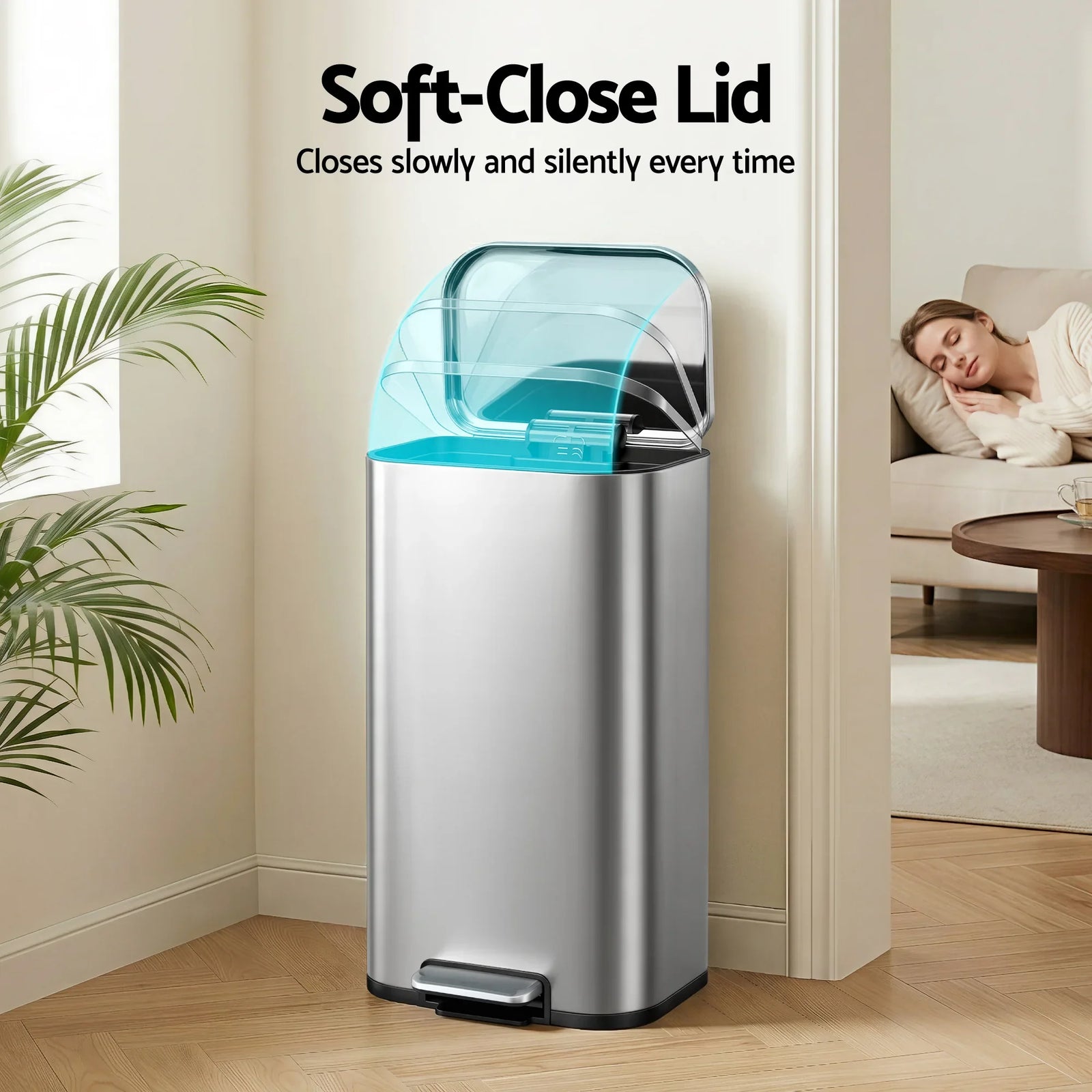 Kitchen Trash Can 40L Pedal Bins Rubbish Bin Steel with Soft Close Lid, Removable Inner Bucket, Rectangular Garbage Can Recycling Bin, Silver