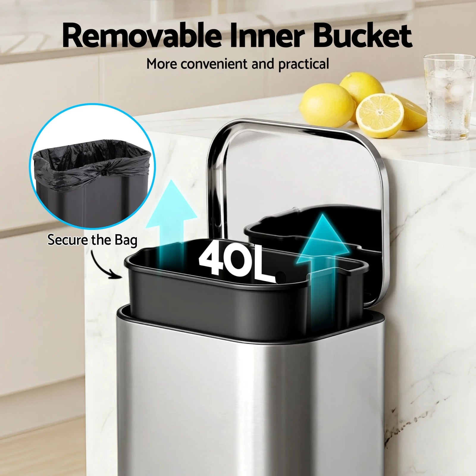 Kitchen Trash Can 40L Pedal Bins Rubbish Bin Steel with Soft Close Lid, Removable Inner Bucket, Rectangular Garbage Can Recycling Bin, Silver
