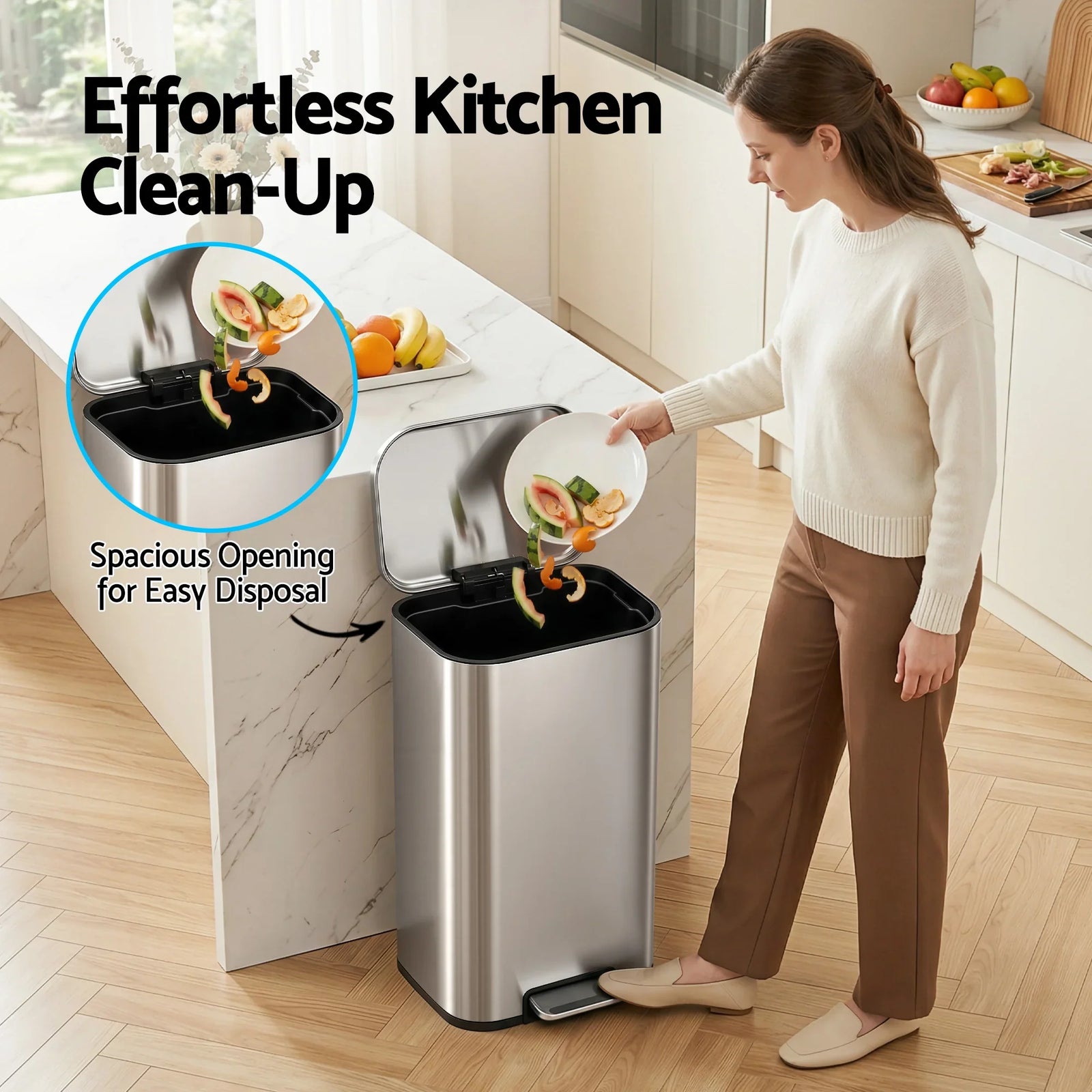 Kitchen Trash Can 40L Pedal Bins Rubbish Bin Steel with Soft Close Lid, Removable Inner Bucket, Rectangular Garbage Can Recycling Bin, Silver