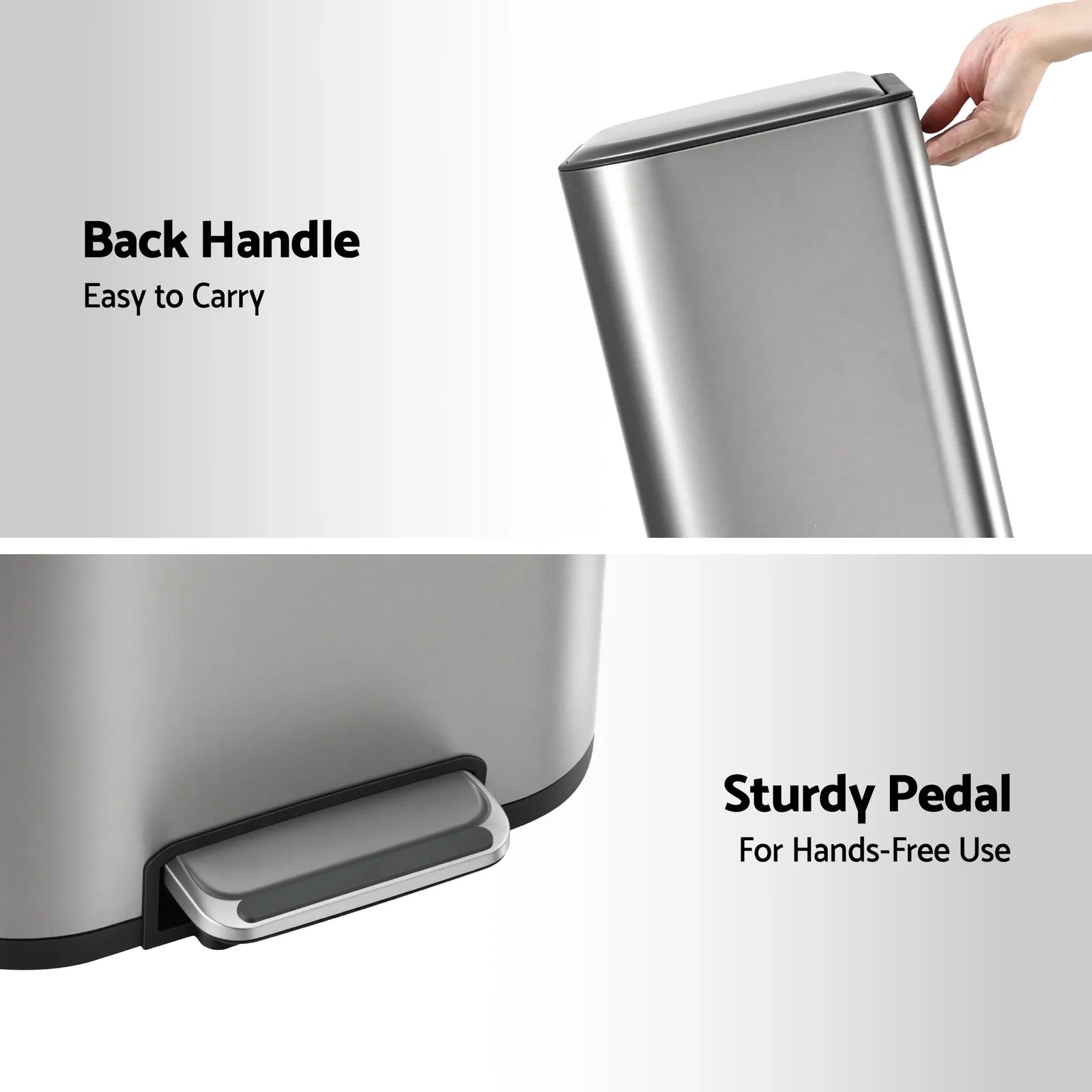 Kitchen Trash Can 40L Pedal Bins Rubbish Bin Steel with Soft Close Lid, Removable Inner Bucket, Rectangular Garbage Can Recycling Bin, Silver