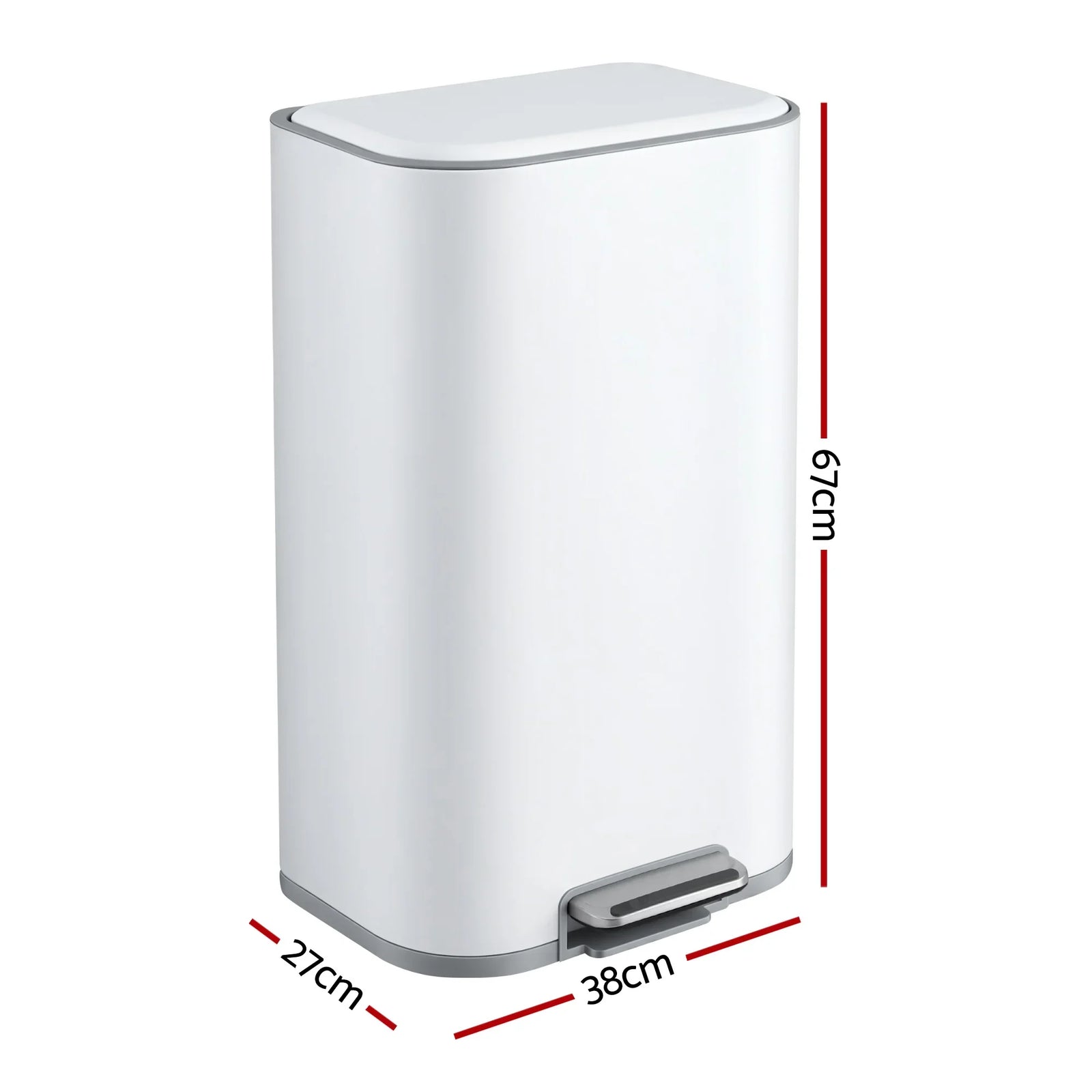 Kitchen Trash Can 40L Pedal Bins Rubbish Bin Steel with Soft Close Lid, Removable Inner Bucket, Rectangular Garbage Can Recycling Bin, White