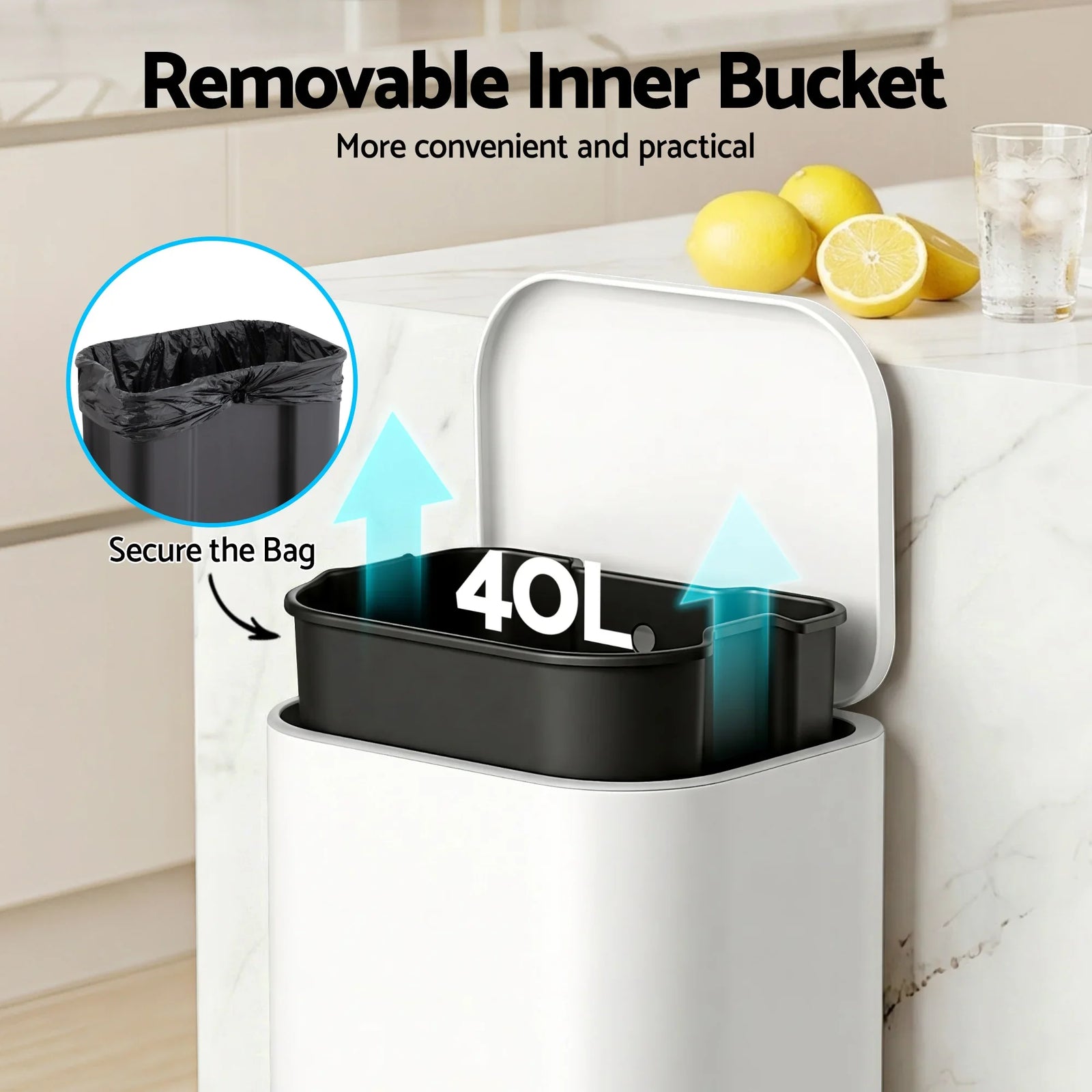 Kitchen Trash Can 40L Pedal Bins Rubbish Bin Steel with Soft Close Lid, Removable Inner Bucket, Rectangular Garbage Can Recycling Bin, White