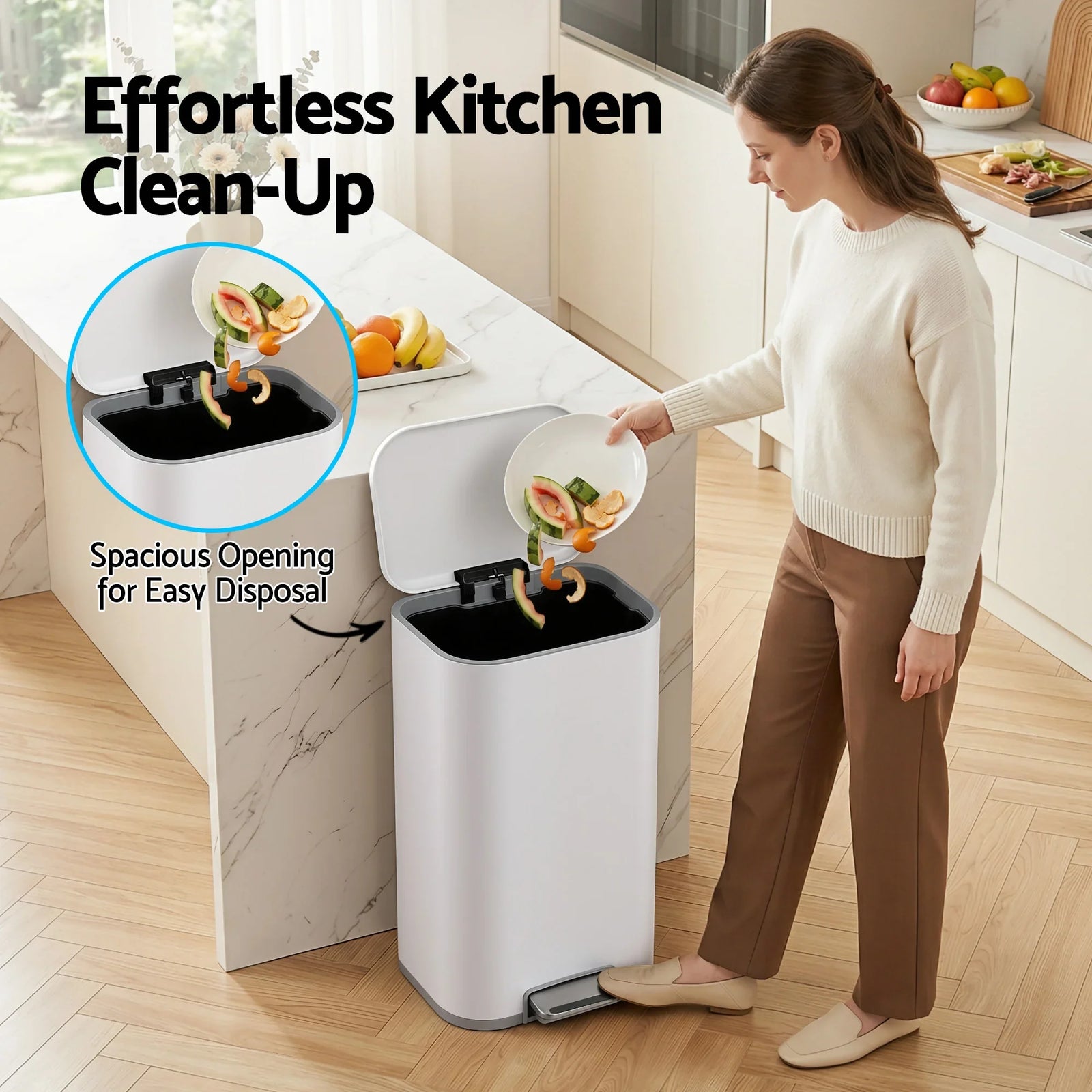 Kitchen Trash Can 40L Pedal Bins Rubbish Bin Steel with Soft Close Lid, Removable Inner Bucket, Rectangular Garbage Can Recycling Bin, White