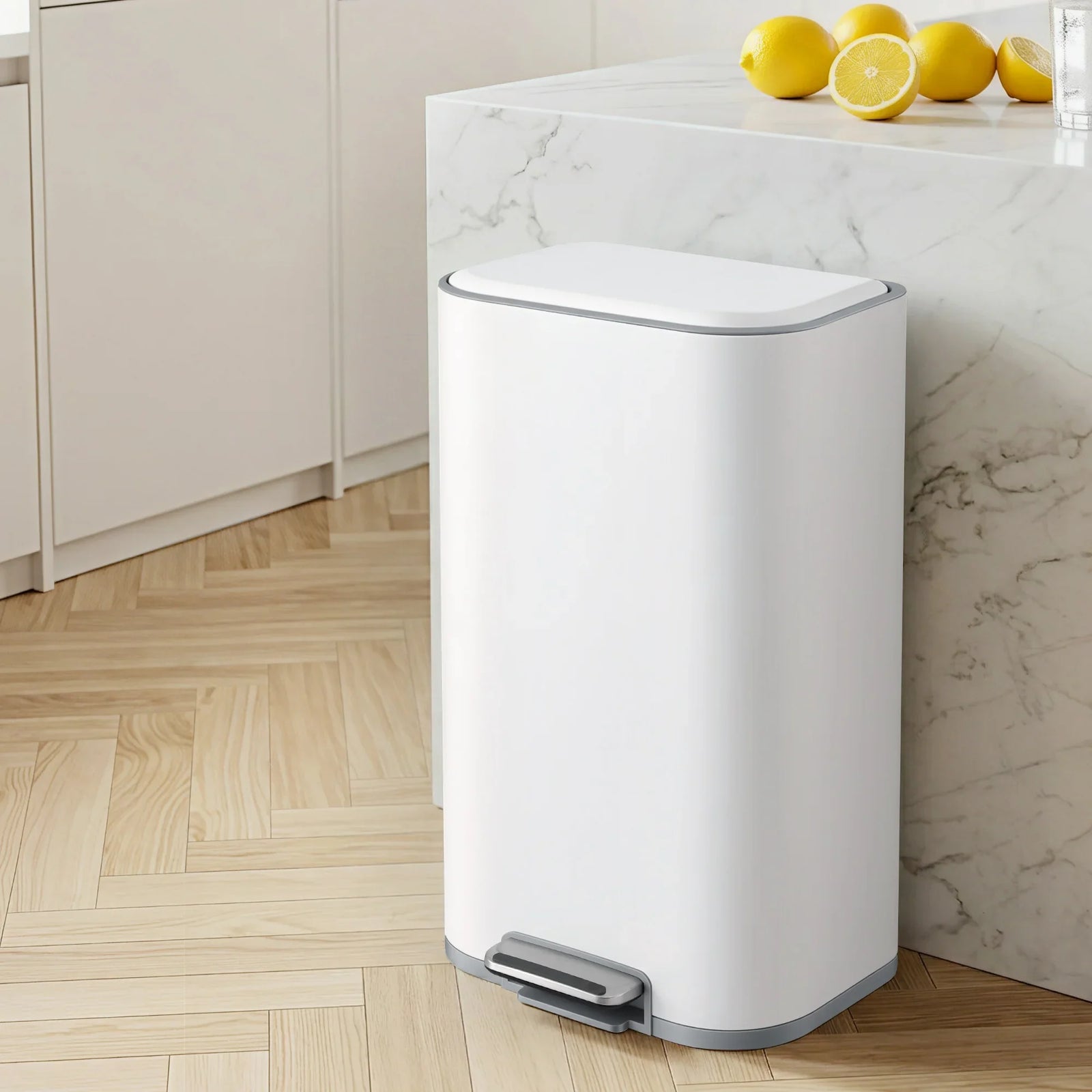 Kitchen Trash Can 40L Pedal Bins Rubbish Bin Steel with Soft Close Lid, Removable Inner Bucket, Rectangular Garbage Can Recycling Bin, White
