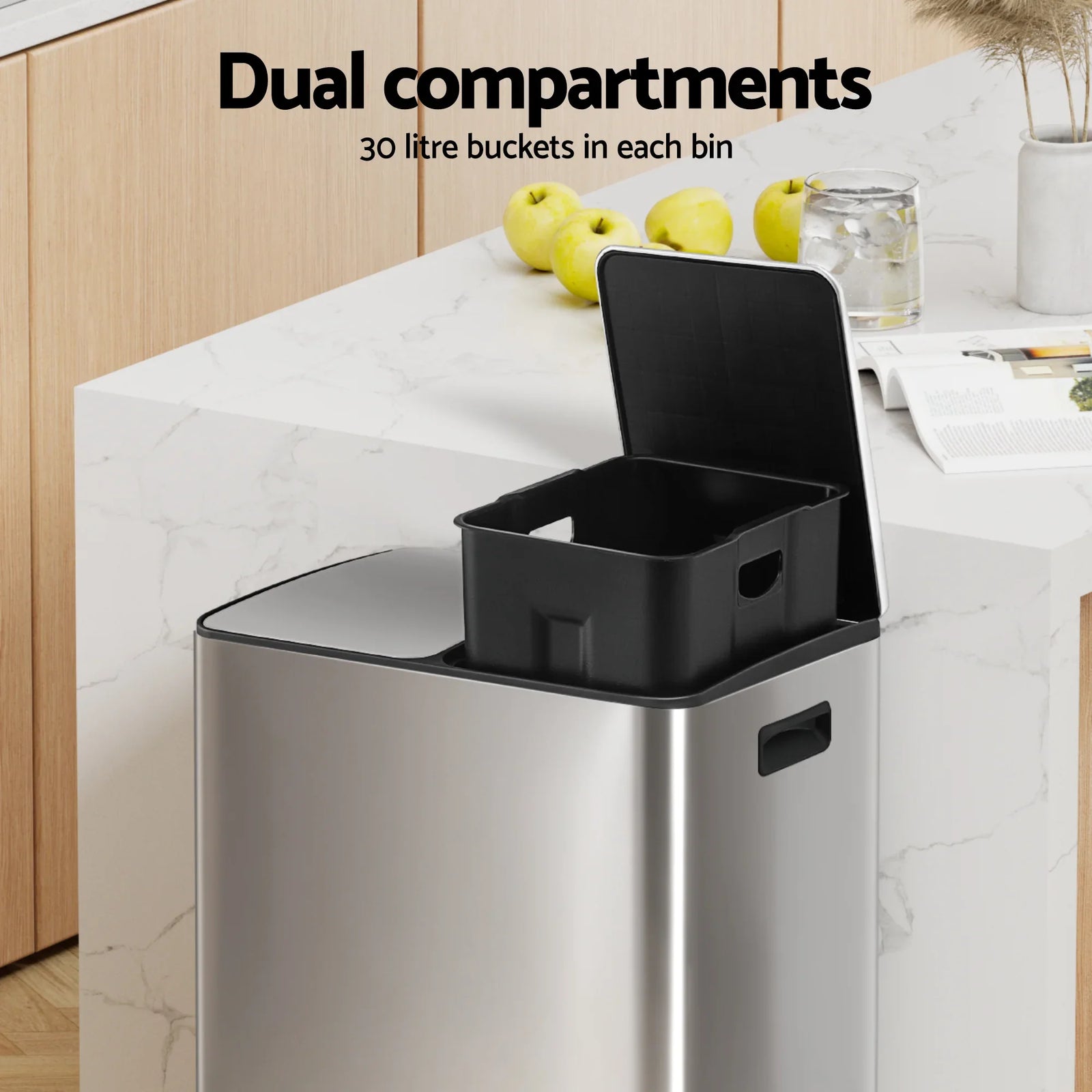 Pedal Bins Rubbish Bin Dual Compartment Waste Recycle Dustbins 60L Silver