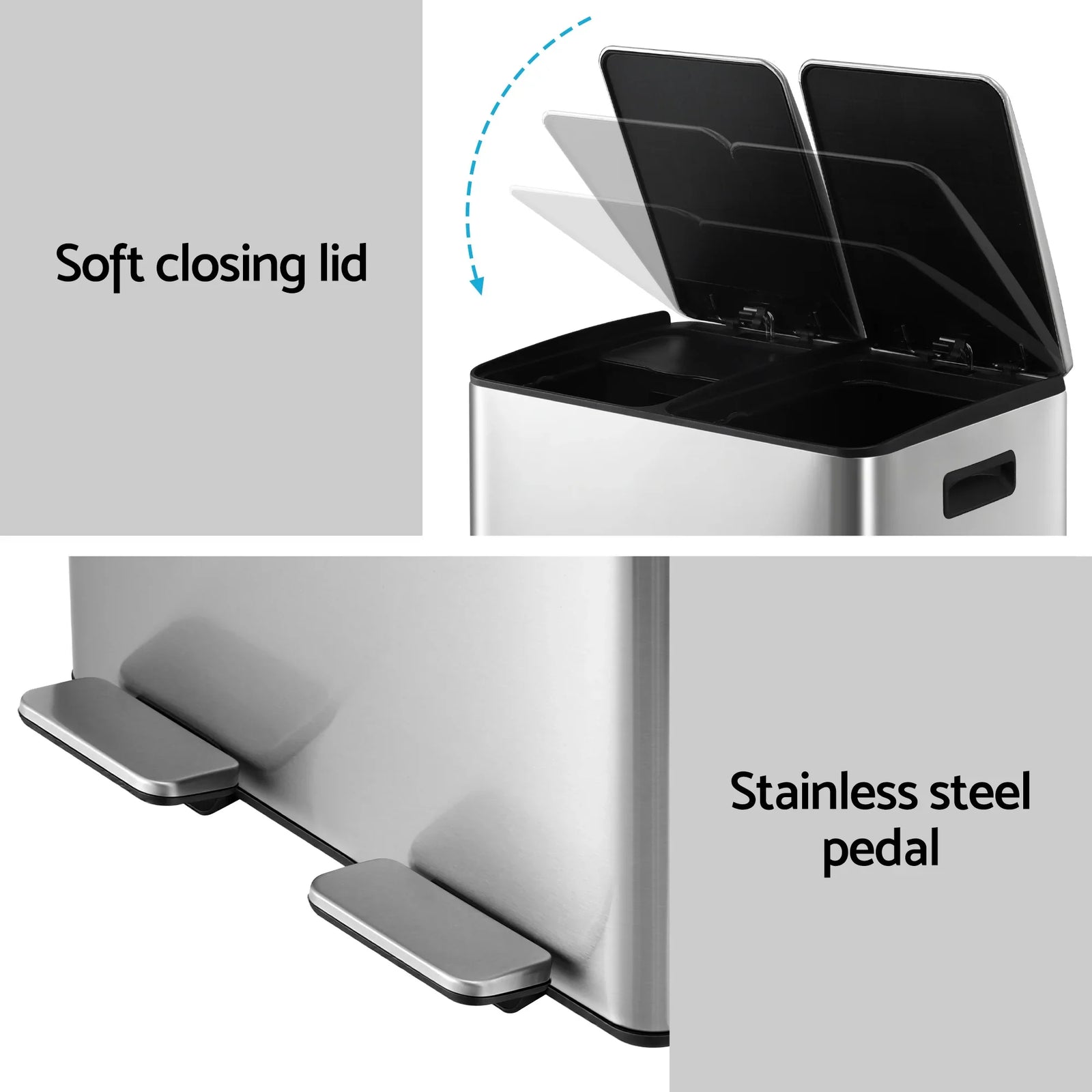 Pedal Bins Rubbish Bin Dual Compartment Waste Recycle Dustbins 60L Silver