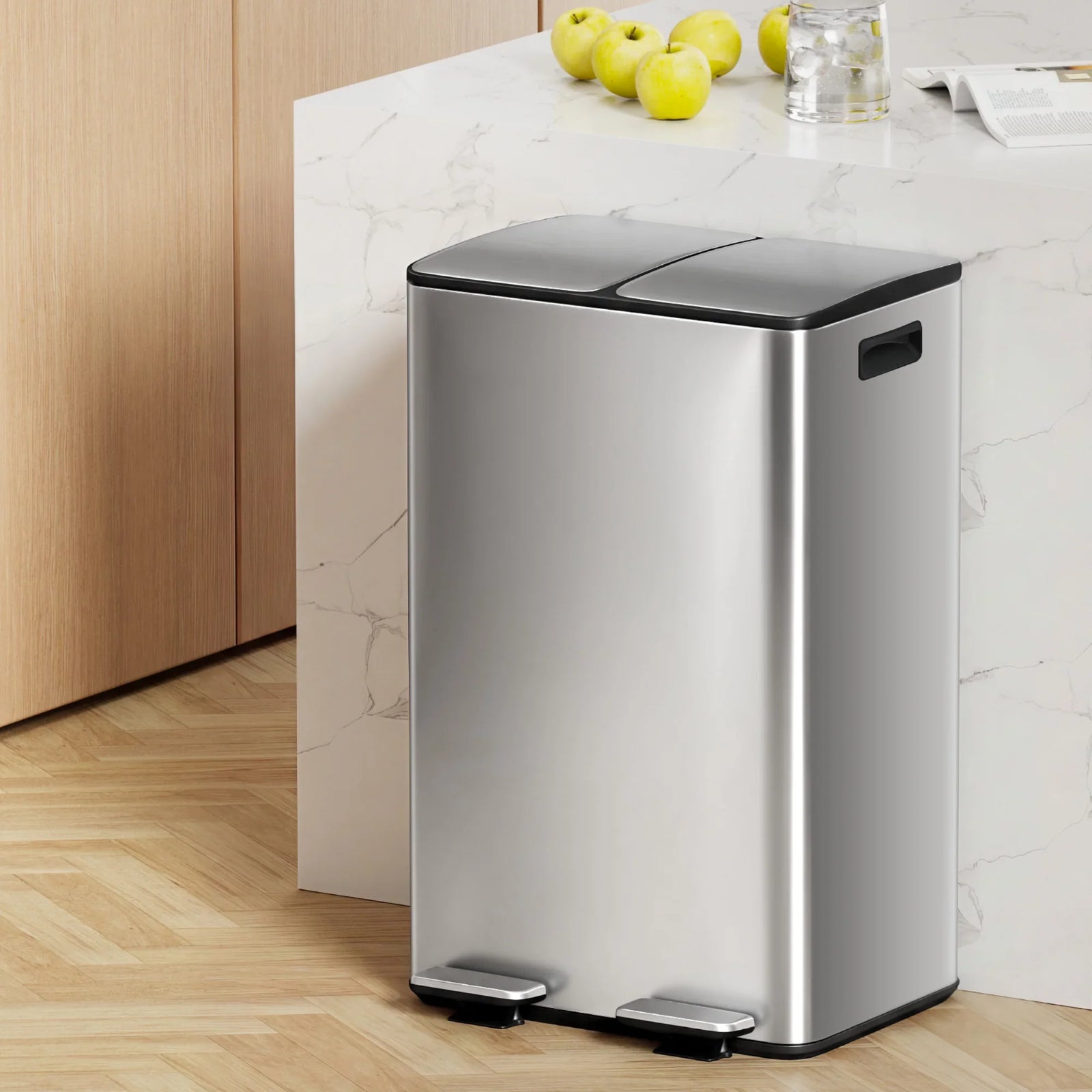 Pedal Bins Rubbish Bin Dual Compartment Waste Recycle Dustbins 60L Silver