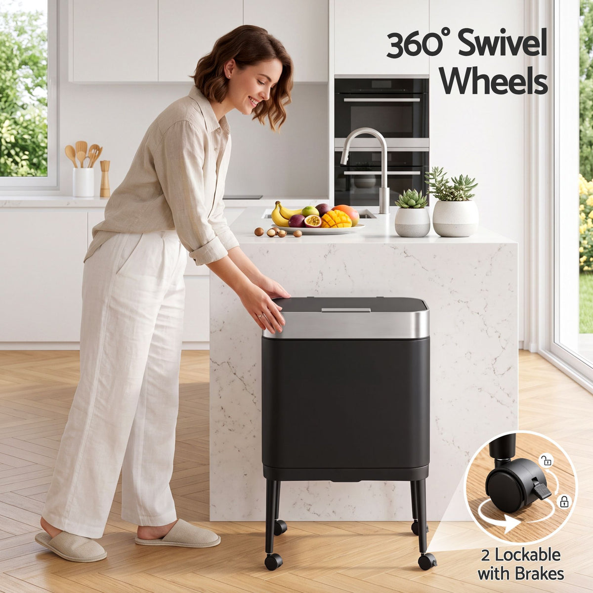 Cefito 40L Stainless Steel Kitchen Rubbish Bin Press Top Lid on Wheels Black