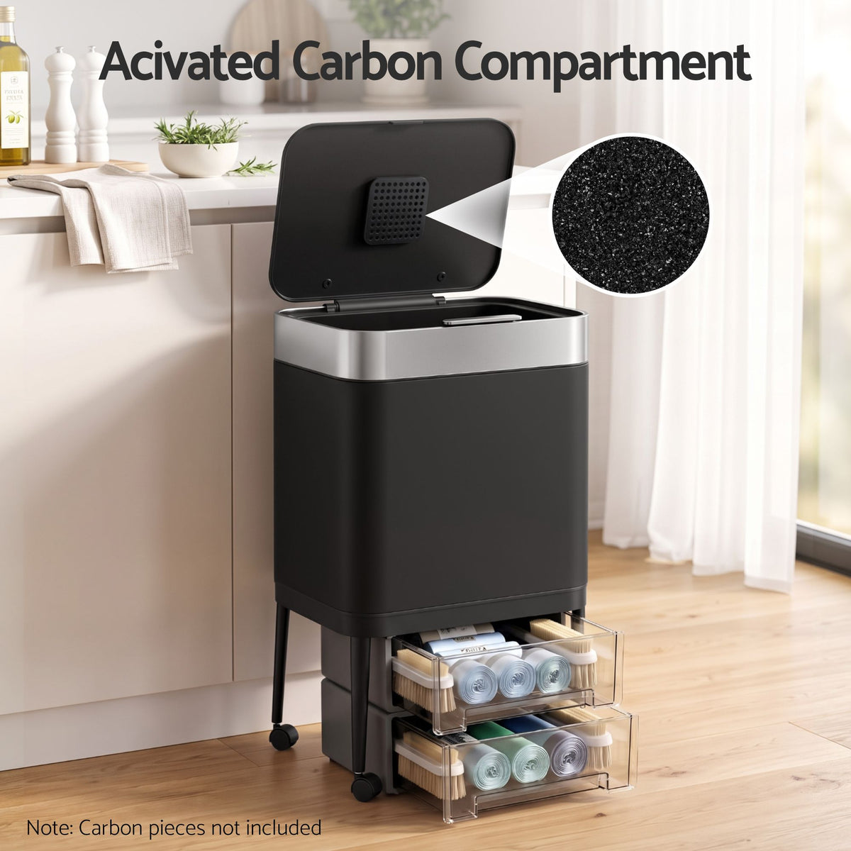 Cefito 40L Stainless Steel Kitchen Rubbish Bin Press Top Lid on Wheels Black