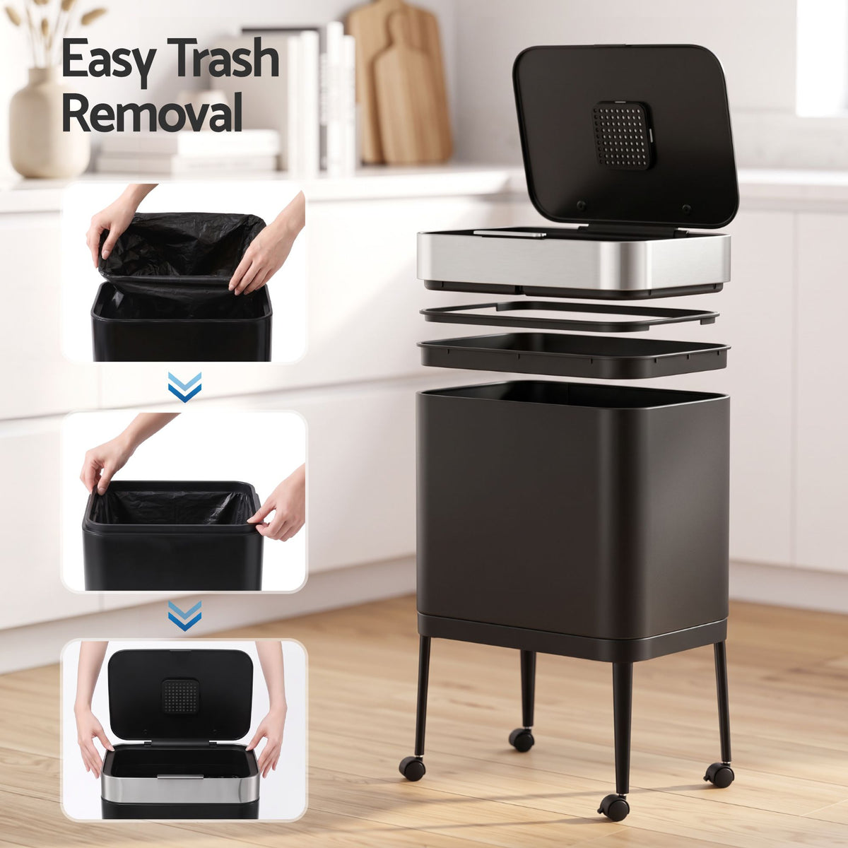 Cefito 40L Stainless Steel Kitchen Rubbish Bin Press Top Lid on Wheels Black