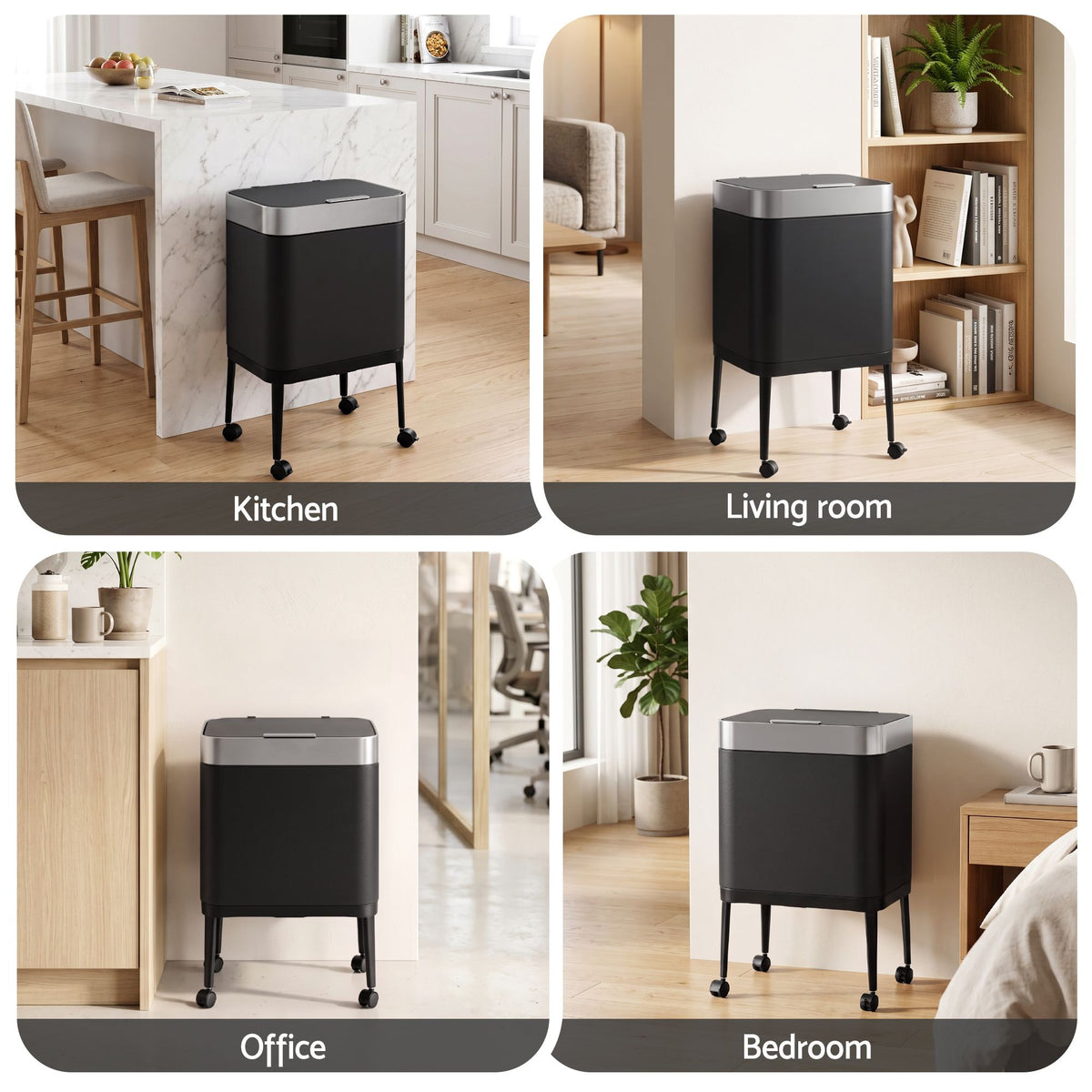 Cefito 40L Stainless Steel Kitchen Rubbish Bin Press Top Lid on Wheels Black