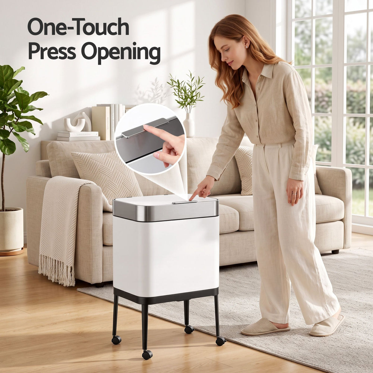 Cefito 40L Stainless Steel Kitchen Rubbish Bin Press Top Lid on Wheels White