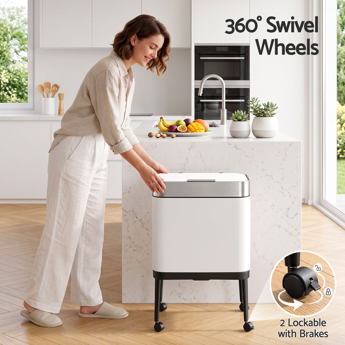 Cefito 40L Stainless Steel Kitchen Rubbish Bin Press Top Lid on Wheels White