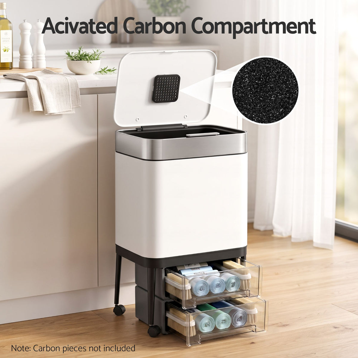 Cefito 40L Stainless Steel Kitchen Rubbish Bin Press Top Lid on Wheels White