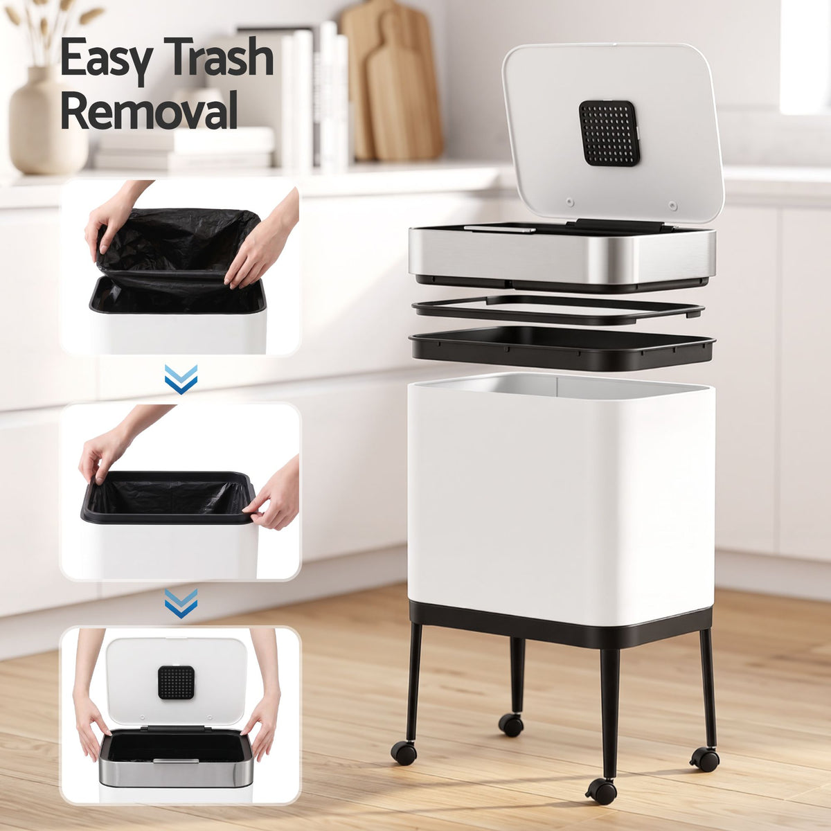 Cefito 40L Stainless Steel Kitchen Rubbish Bin Press Top Lid on Wheels White