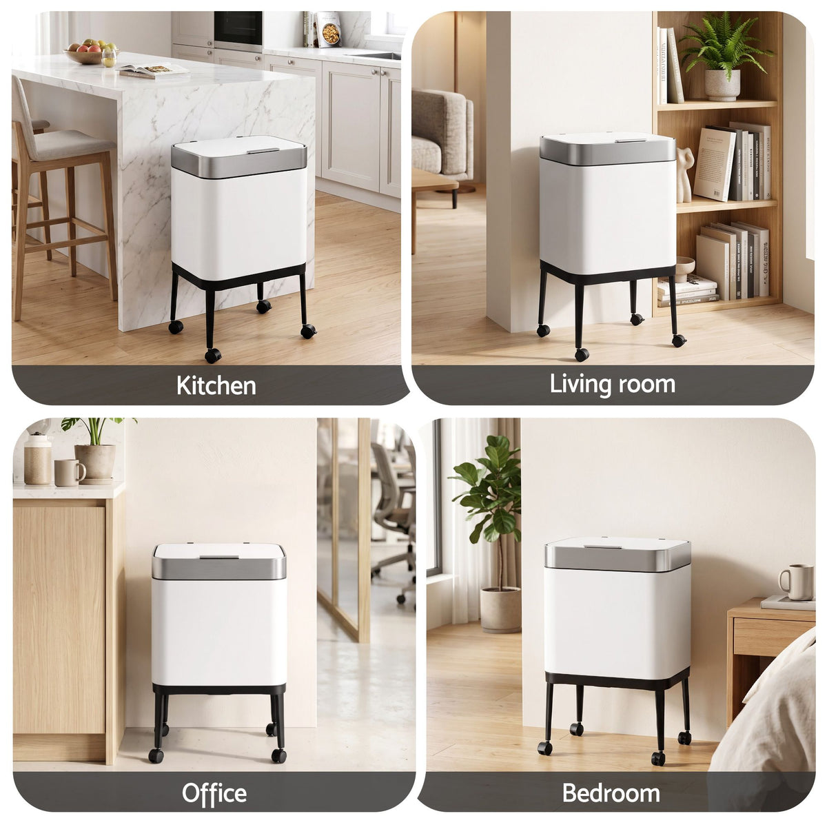 Cefito 40L Stainless Steel Kitchen Rubbish Bin Press Top Lid on Wheels White