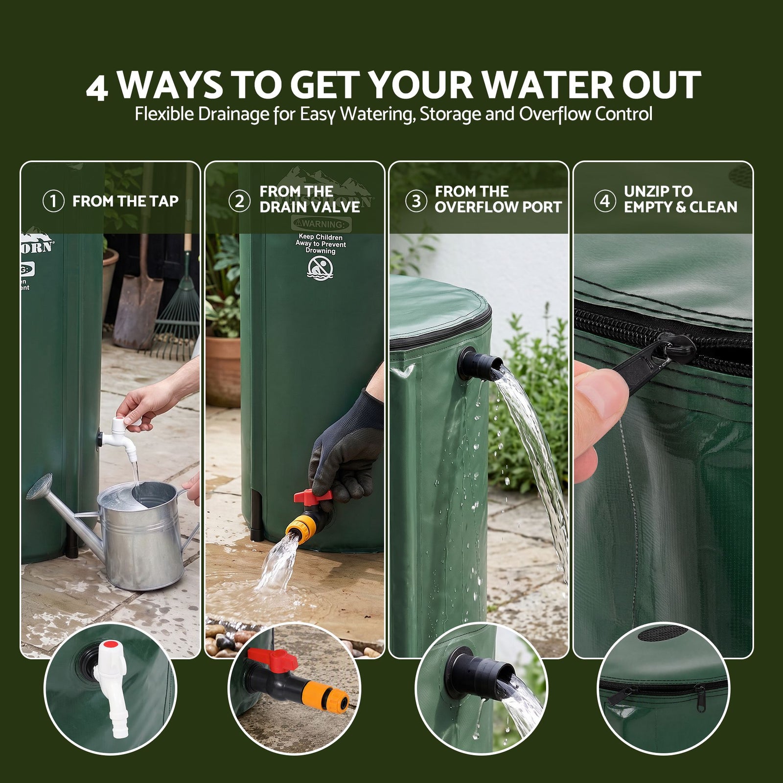 100L/22Gal Collapsible Rain Barrel PVC Water Tank Collection Storage for Garden Irrigation