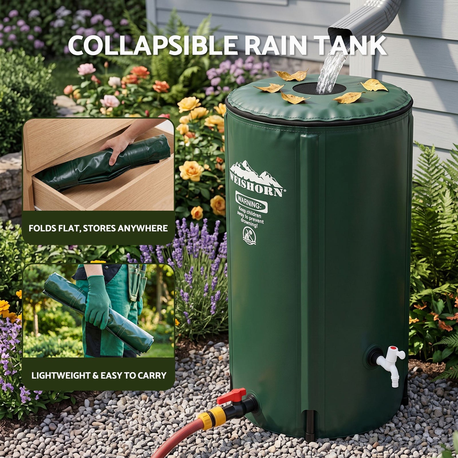 100L/22Gal Collapsible Rain Barrel PVC Water Tank Collection Storage for Garden Irrigation