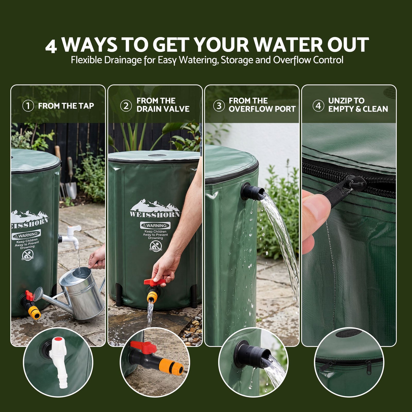 50L/11gal Collapsible Rain Barrel PVC Water Tank Collection Storage for Garden Irrigation